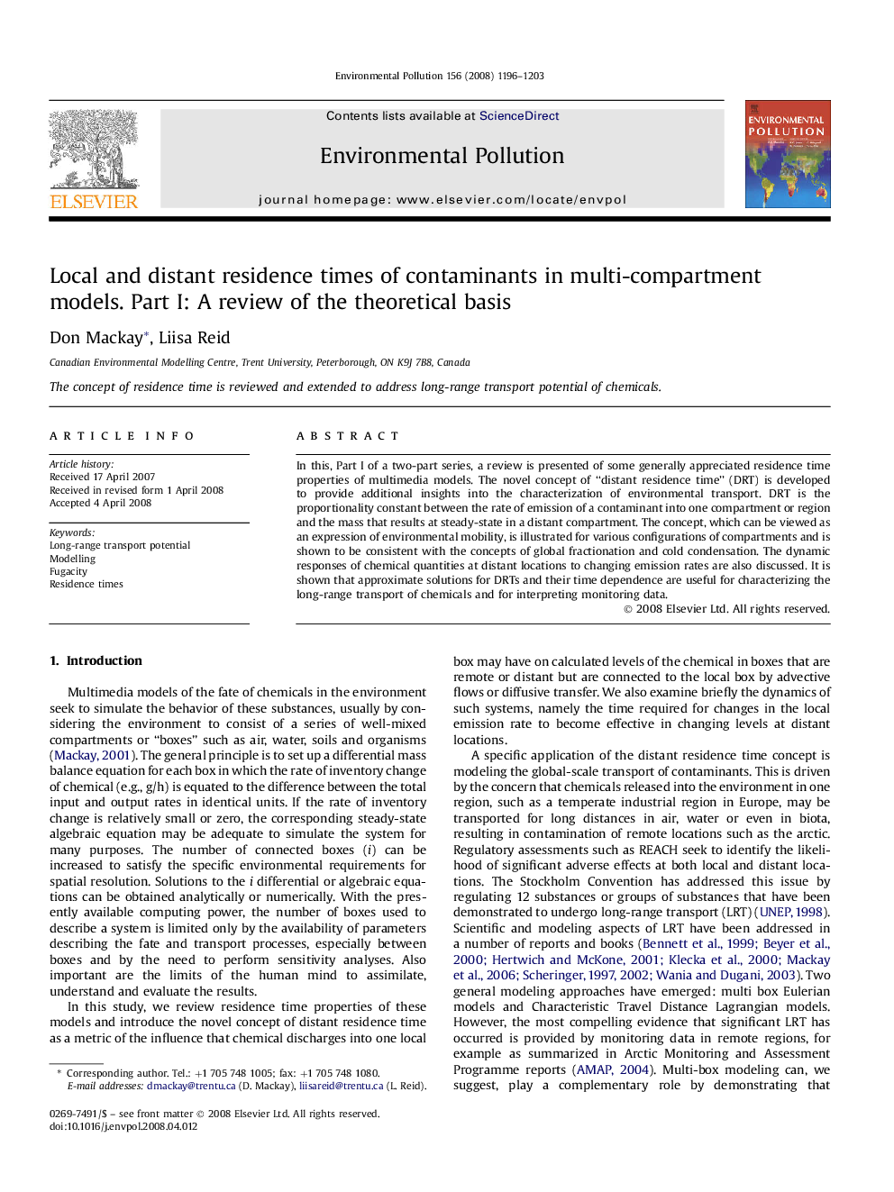 Local and distant residence times of contaminants in multi-compartment models. Part I: A review of the theoretical basis