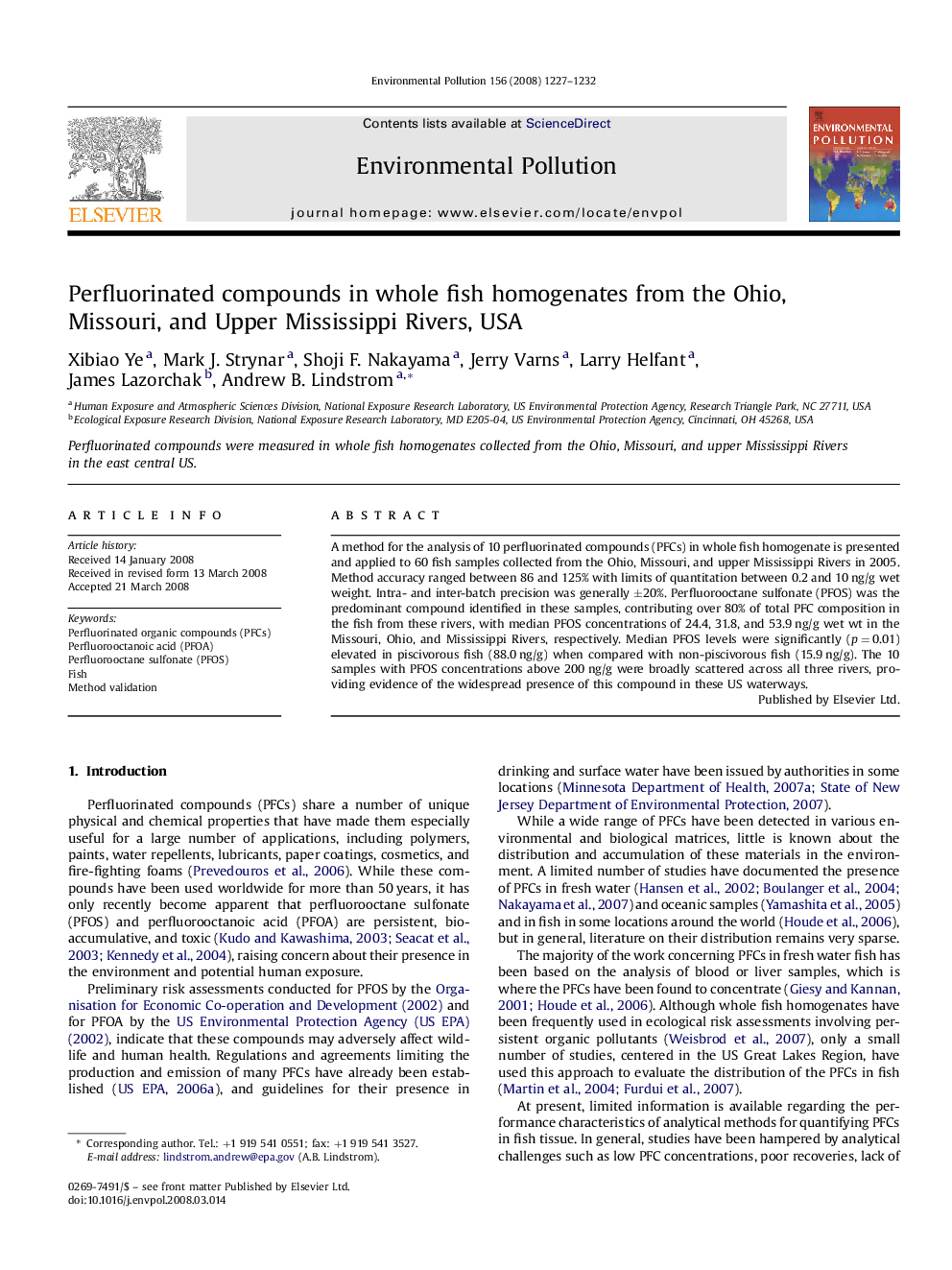 Perfluorinated compounds in whole fish homogenates from the Ohio, Missouri, and Upper Mississippi Rivers, USA