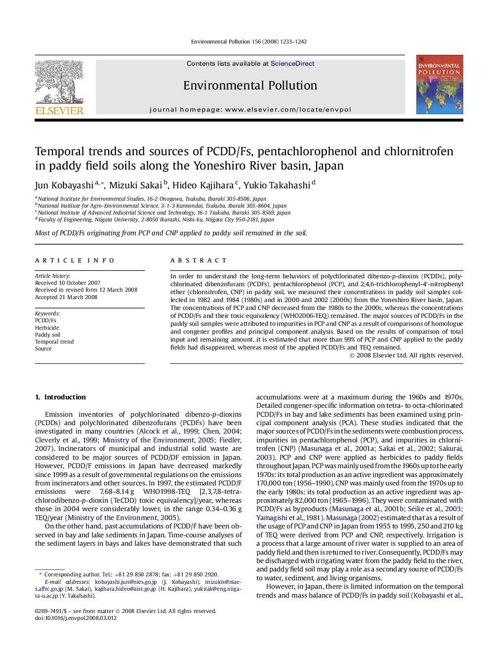 Temporal trends and sources of PCDD/Fs, pentachlorophenol and chlornitrofen in paddy field soils along the Yoneshiro River basin, Japan