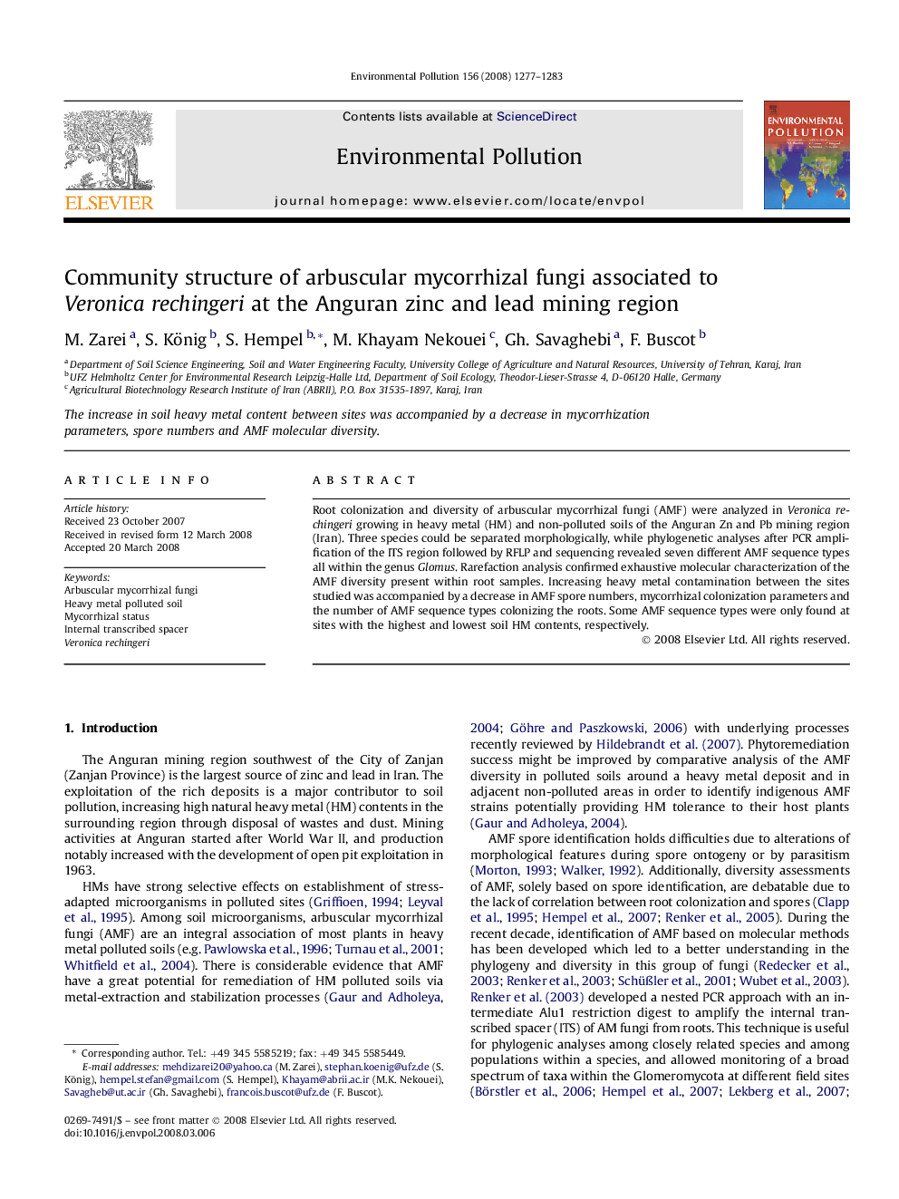 Community structure of arbuscular mycorrhizal fungi associated to Veronica rechingeri at the Anguran zinc and lead mining region