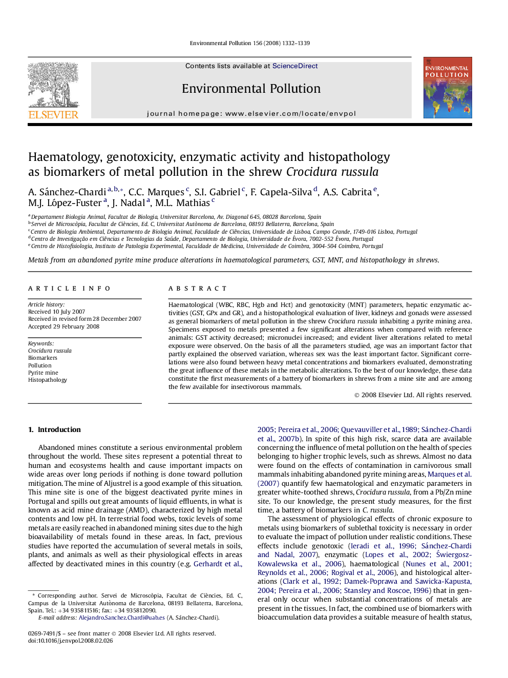 Haematology, genotoxicity, enzymatic activity and histopathology as biomarkers of metal pollution in the shrew Crocidura russula