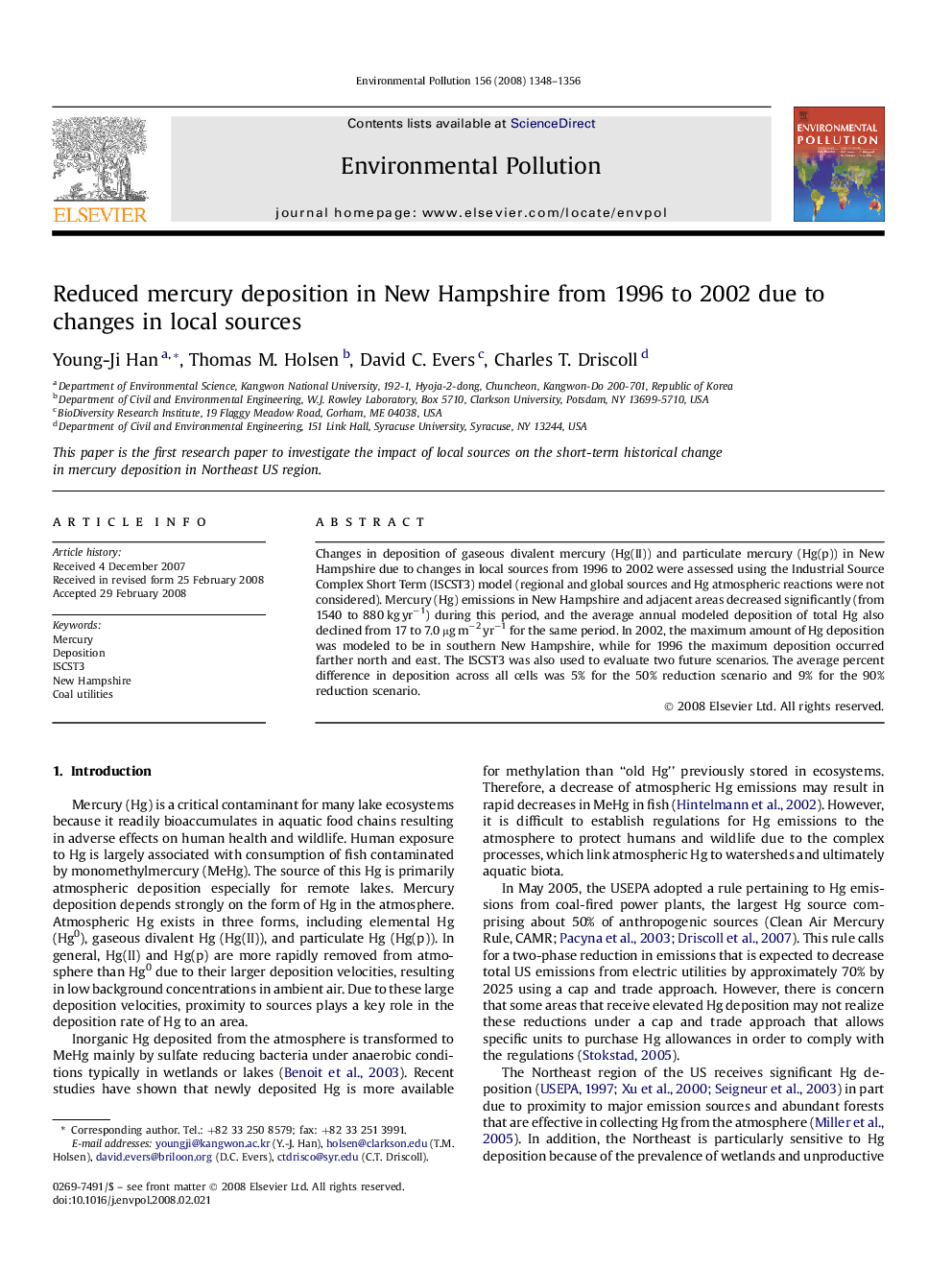 Reduced mercury deposition in New Hampshire from 1996 to 2002 due to changes in local sources