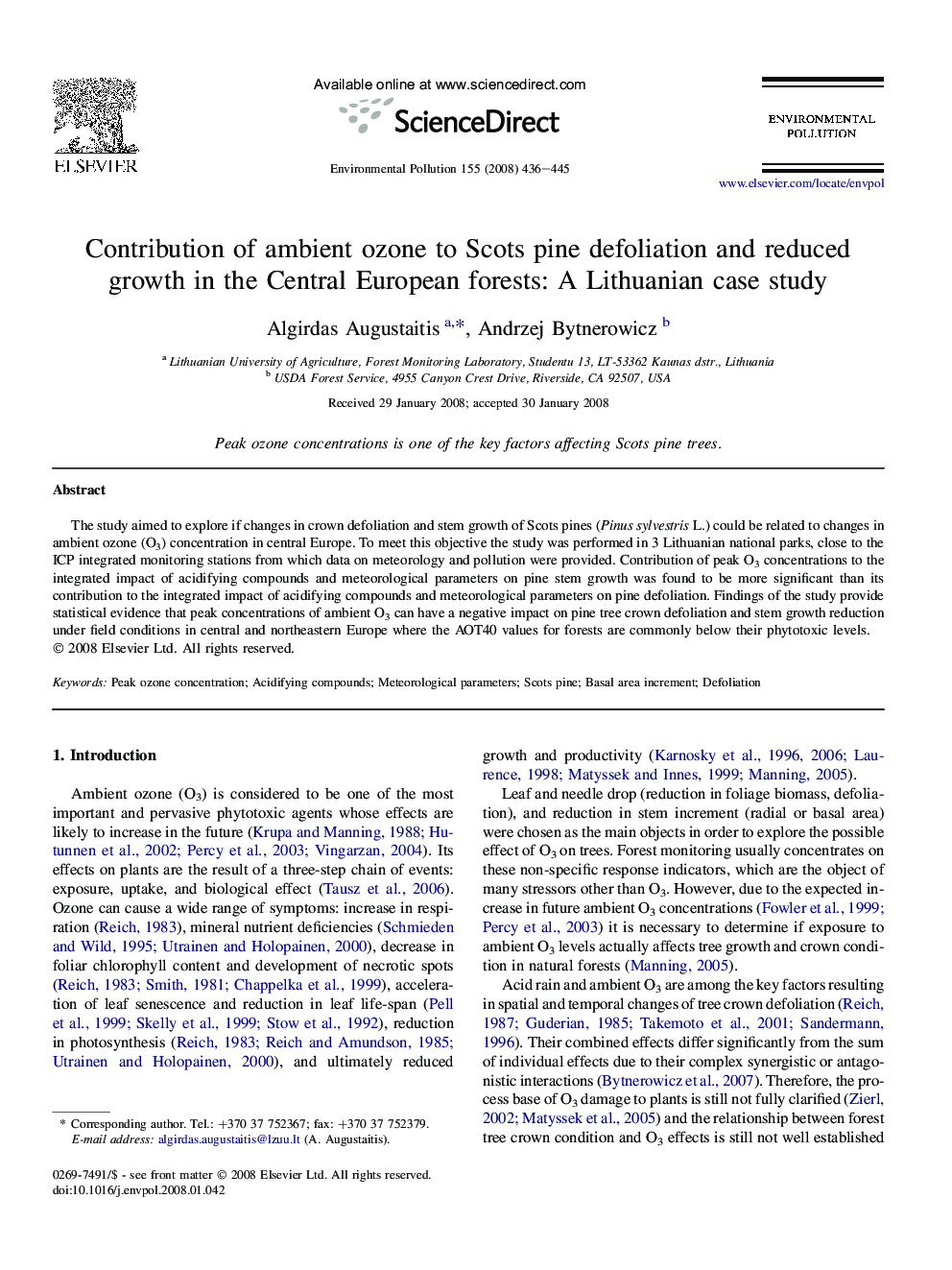 Contribution of ambient ozone to Scots pine defoliation and reduced growth in the Central European forests: A Lithuanian case study