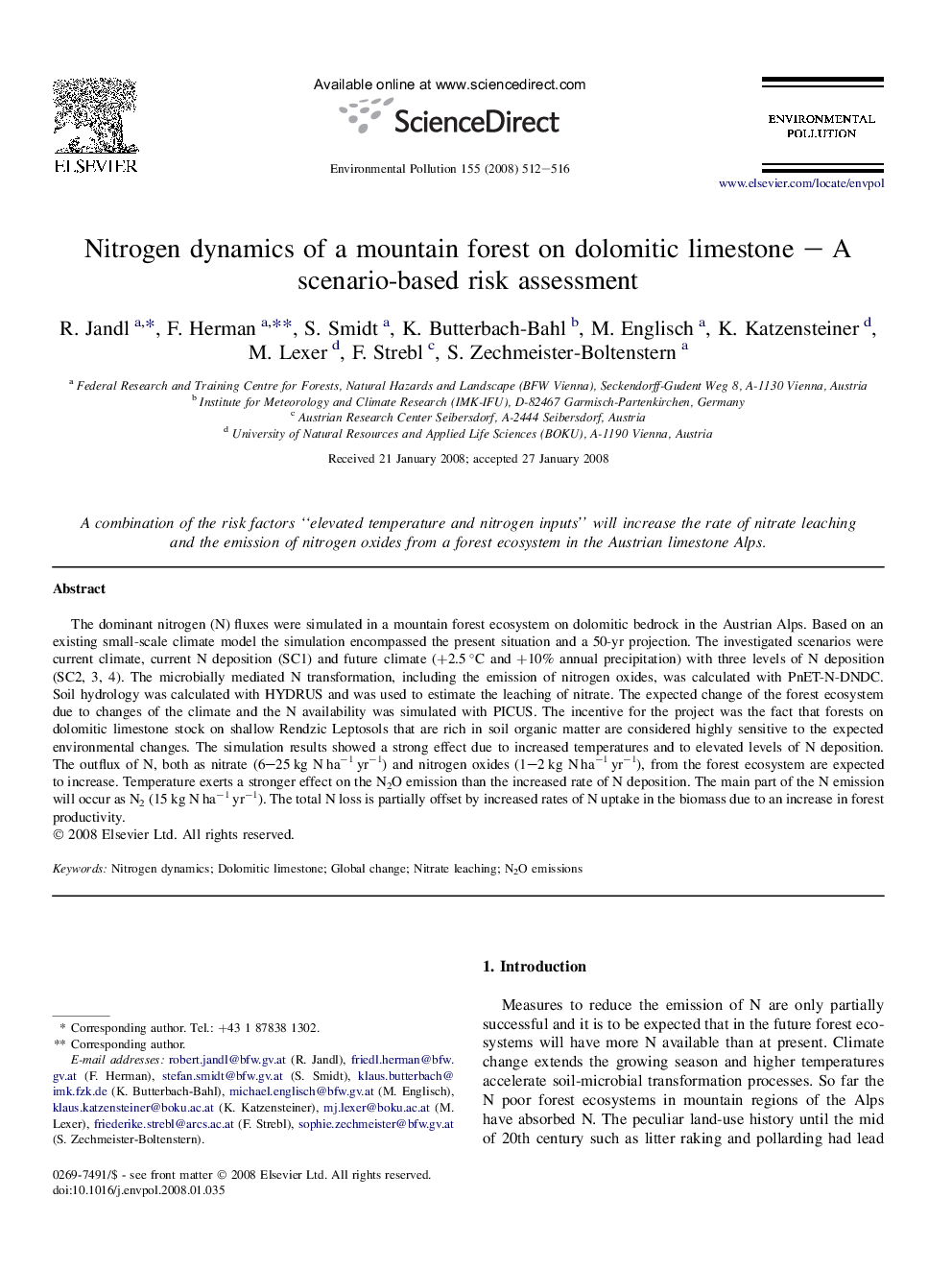 Nitrogen dynamics of a mountain forest on dolomitic limestone – A scenario-based risk assessment