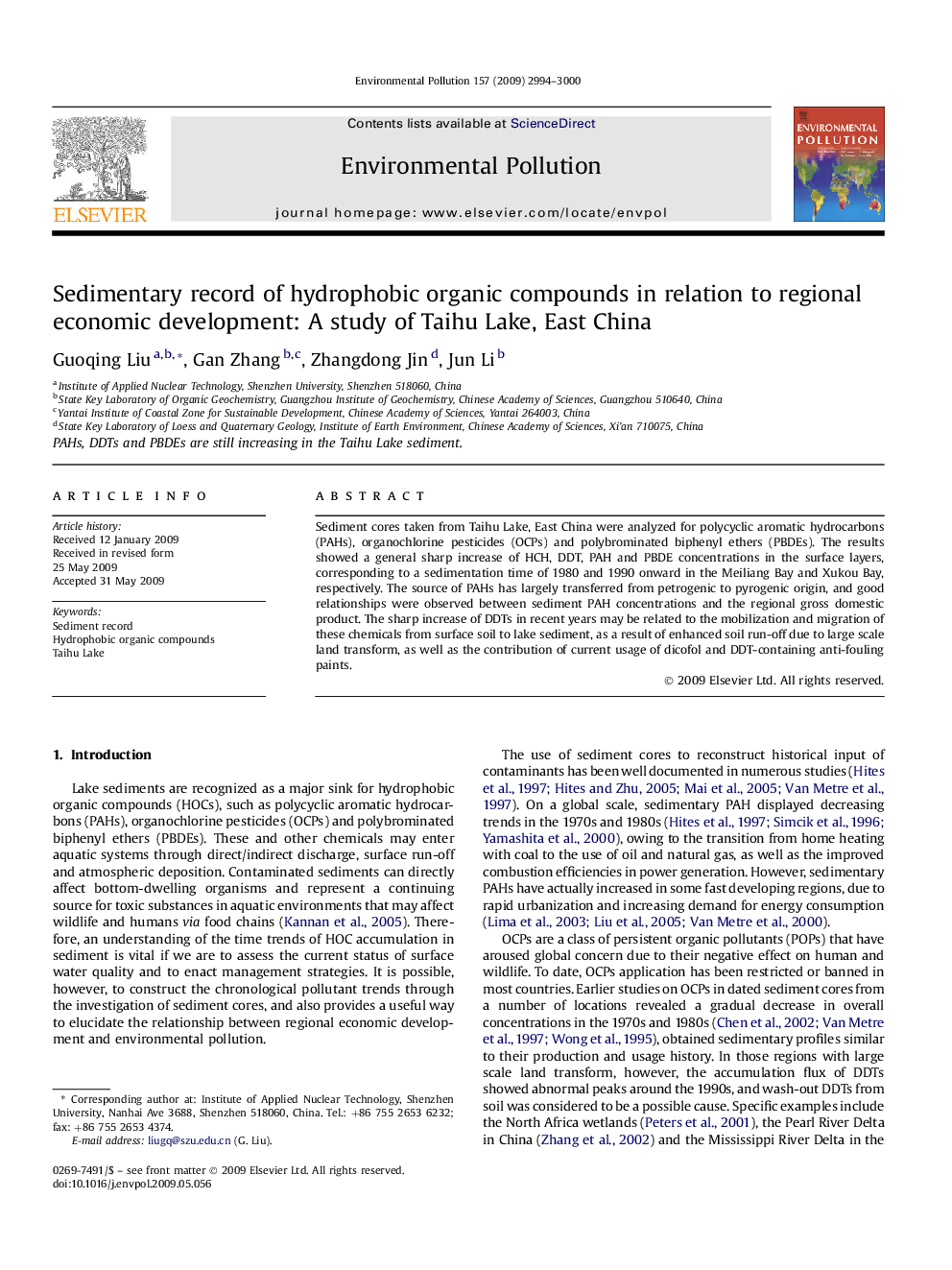 Sedimentary record of hydrophobic organic compounds in relation to regional economic development: A study of Taihu Lake, East China