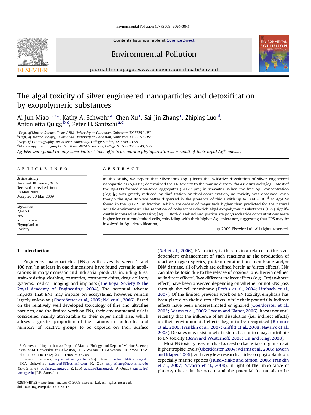 The algal toxicity of silver engineered nanoparticles and detoxification by exopolymeric substances