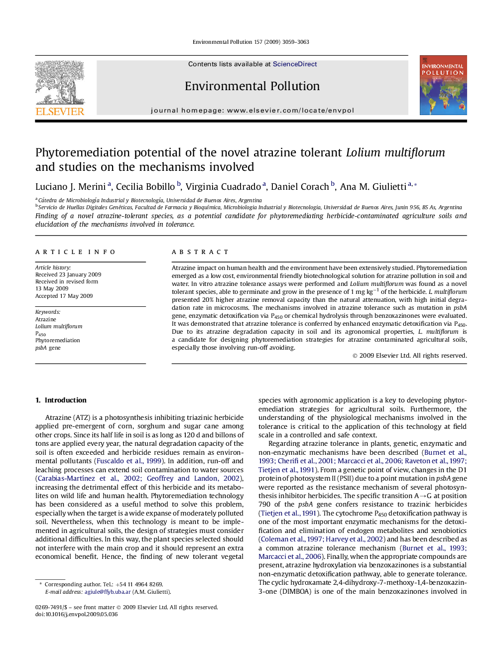 Phytoremediation potential of the novel atrazine tolerant Lolium multiflorum and studies on the mechanisms involved