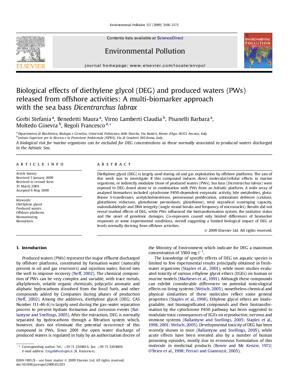 Biological effects of diethylene glycol (DEG) and produced waters (PWs) released from offshore activities: A multi-biomarker approach with the sea bass Dicentrarchus labrax