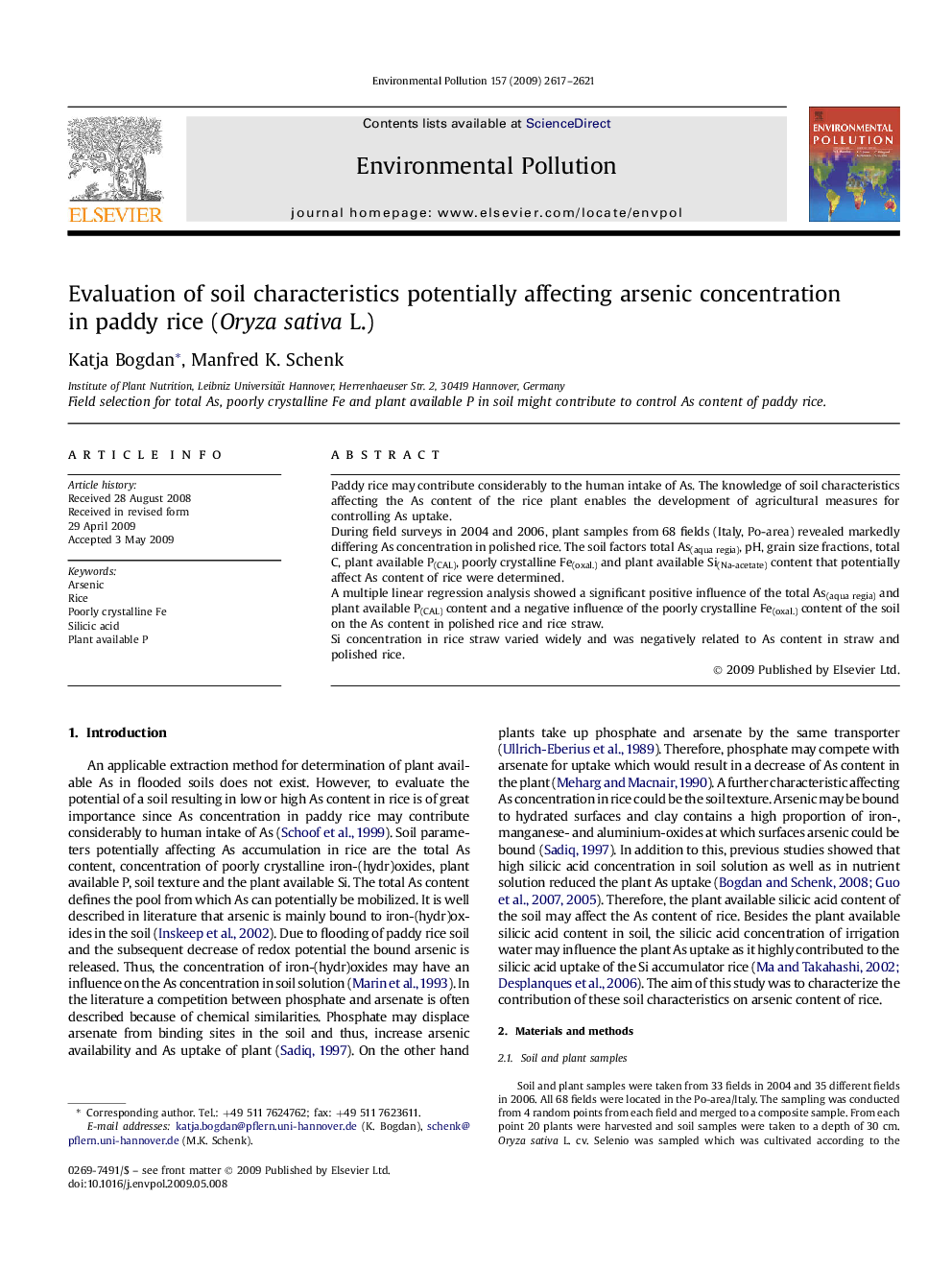 Evaluation of soil characteristics potentially affecting arsenic concentration in paddy rice (Oryza sativa L.)