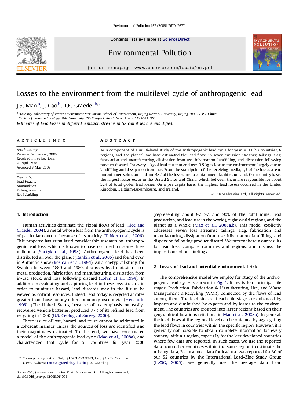 Losses to the environment from the multilevel cycle of anthropogenic lead