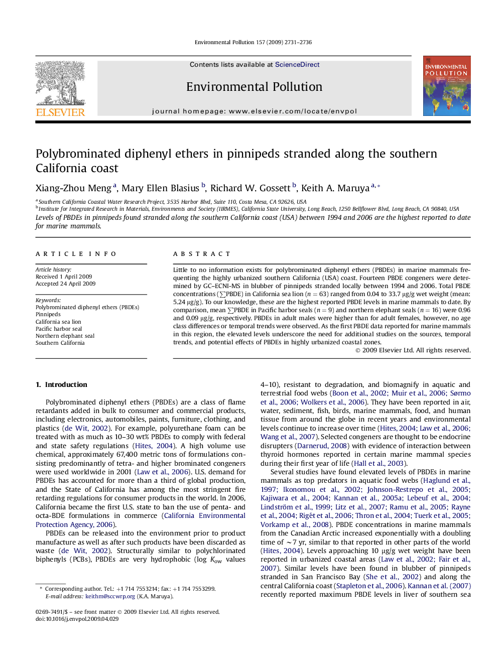عکس صفحه اول مقاله: Polybrominated diphenyl ethers in pinnipeds stranded along the southern California coast Polybrominated diphenyl ethers in pinnipeds stranded along the southern California coast