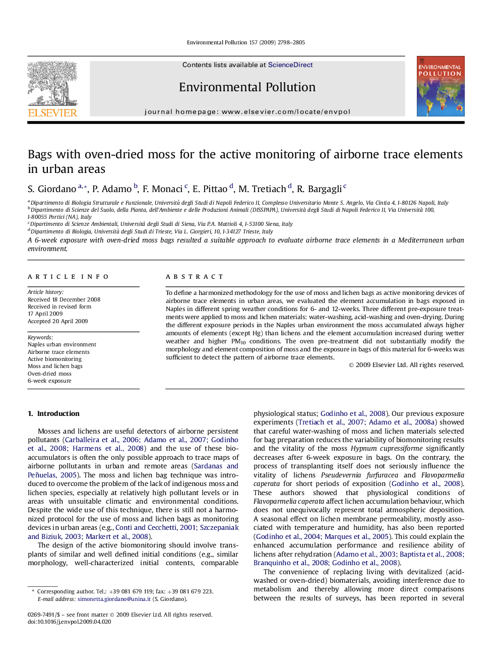 عکس صفحه اول مقاله: Bags with oven-dried moss for the active monitoring of airborne trace elements in urban areas Bags with oven-dried moss for the active monitoring of airborne trace elements in urban areas