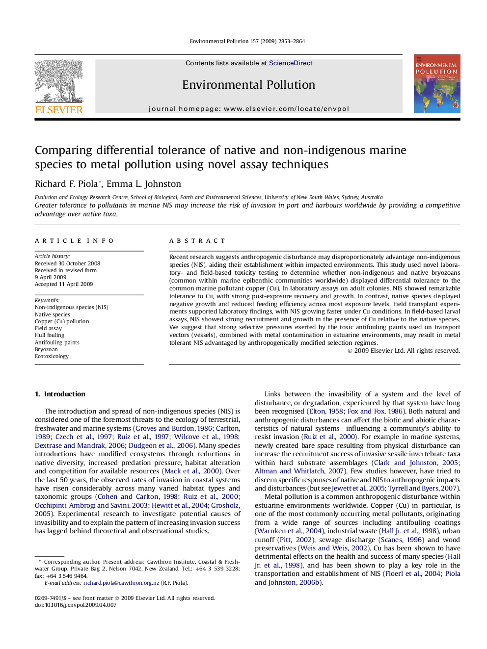 Comparing differential tolerance of native and non-indigenous marine species to metal pollution using novel assay techniques