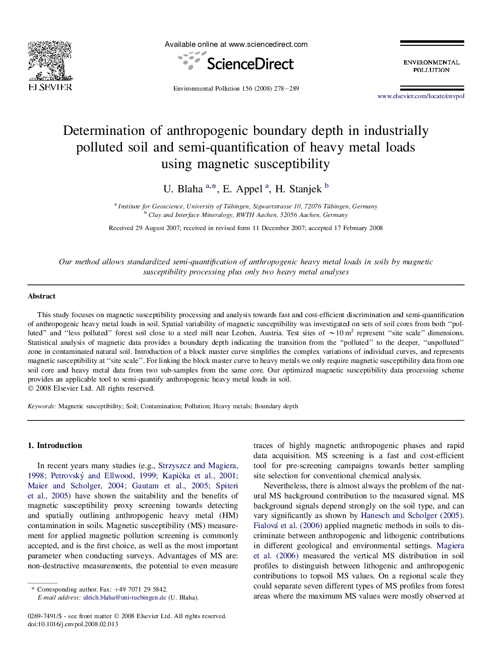 Determination of anthropogenic boundary depth in industrially polluted soil and semi-quantification of heavy metal loads using magnetic susceptibility