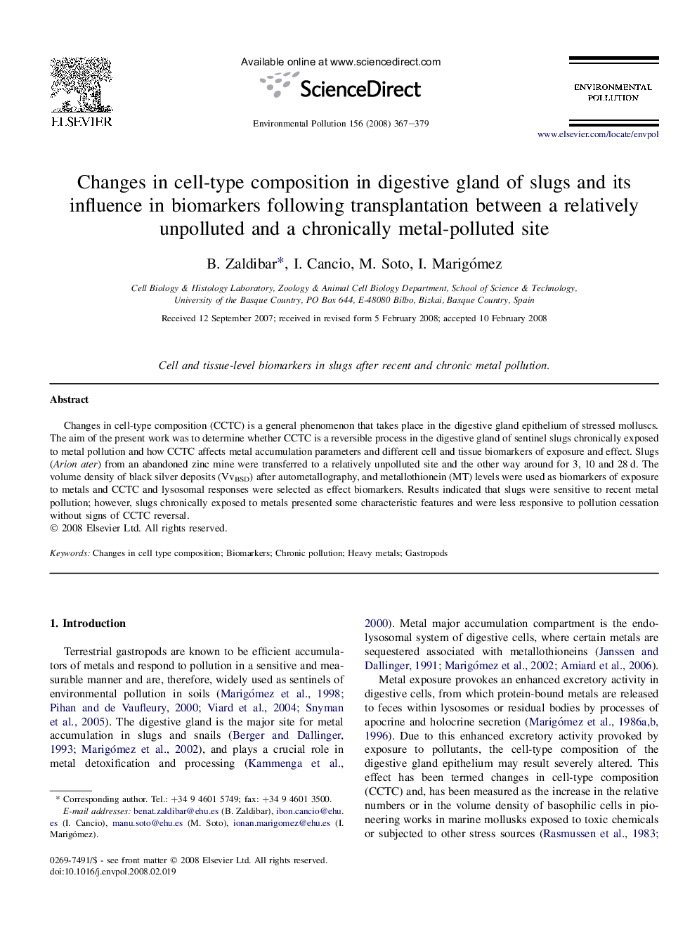 Changes in cell-type composition in digestive gland of slugs and its influence in biomarkers following transplantation between a relatively unpolluted and a chronically metal-polluted site