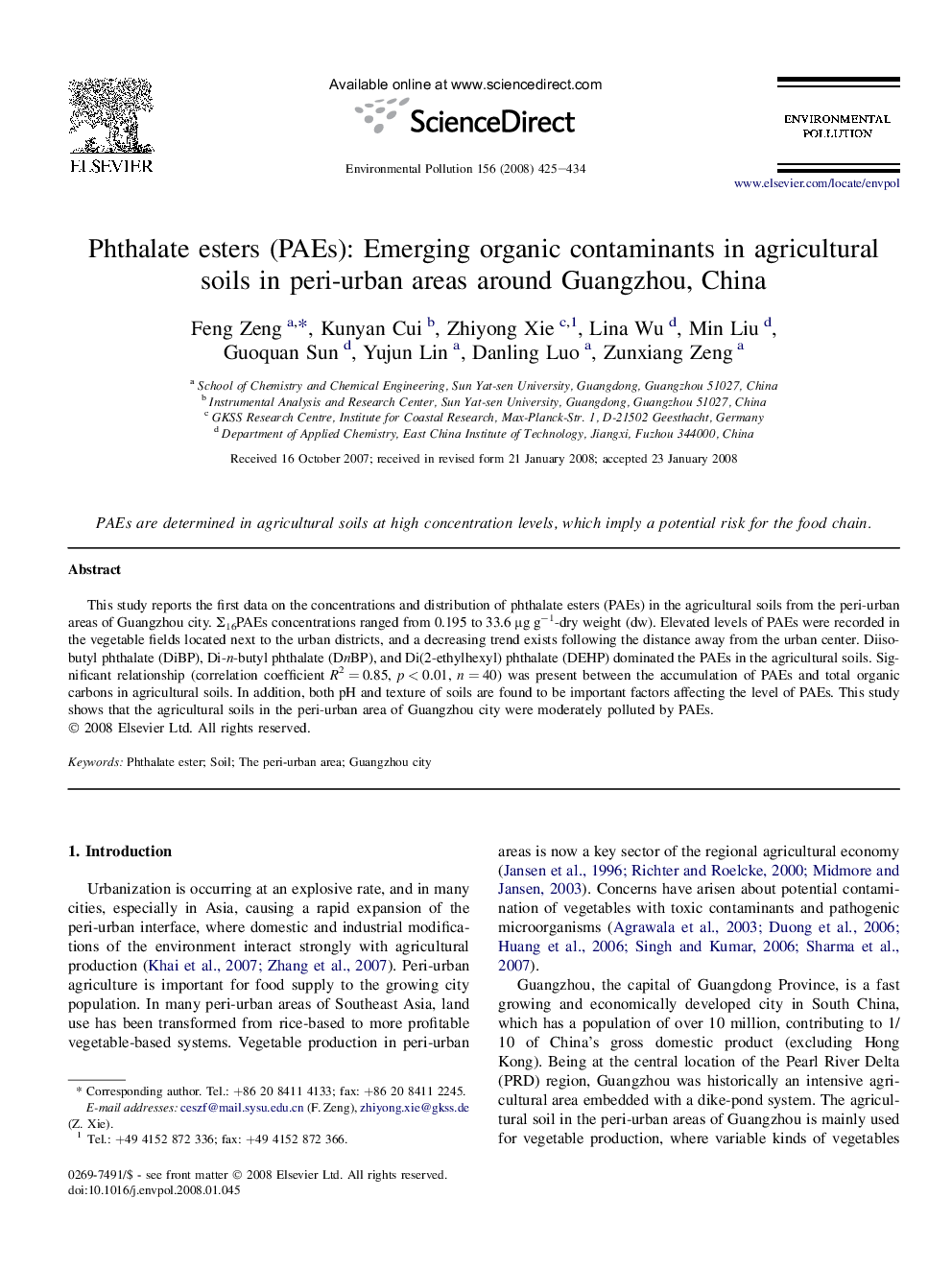 Phthalate esters (PAEs): Emerging organic contaminants in agricultural soils in peri-urban areas around Guangzhou, China