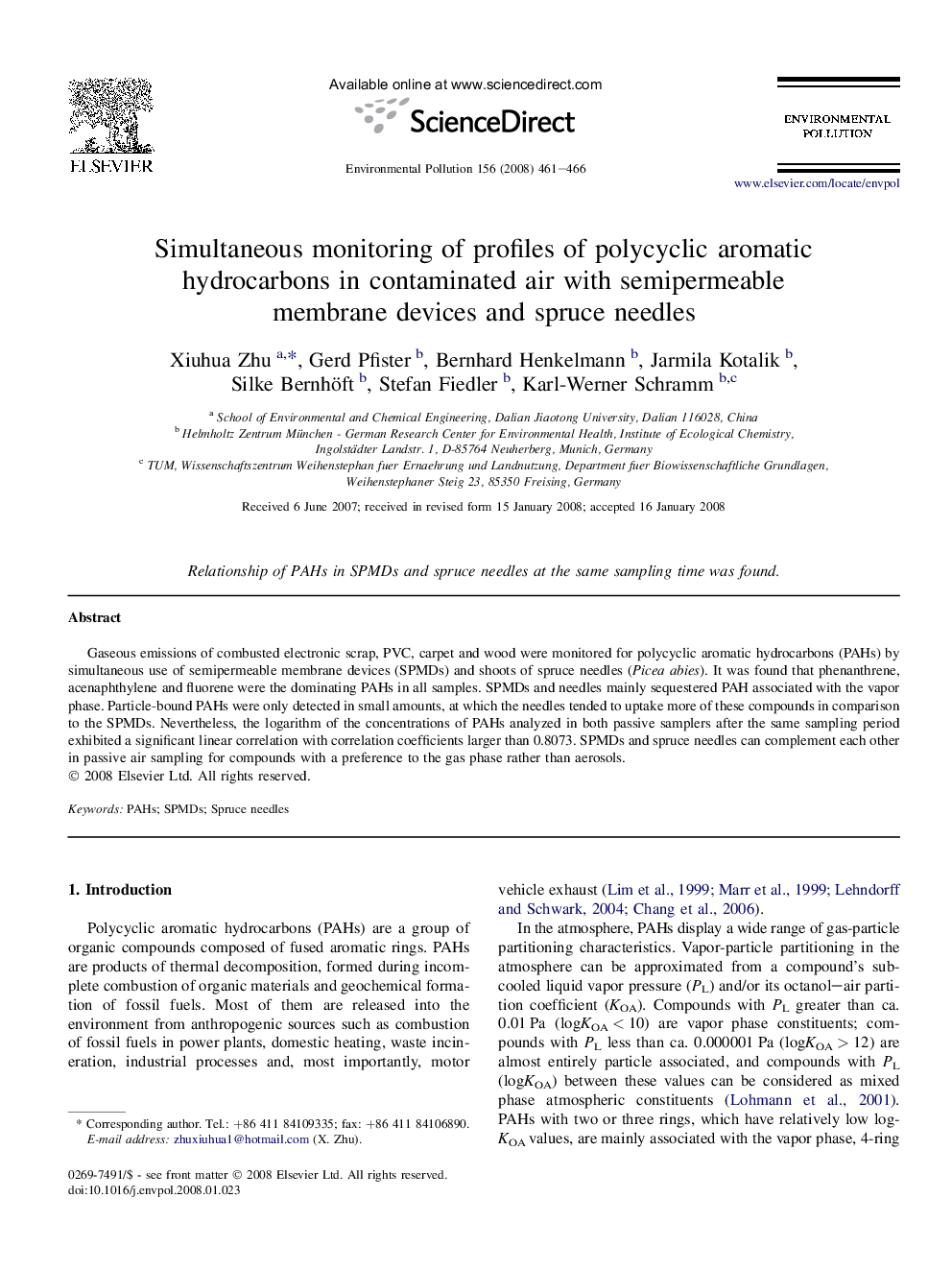 Simultaneous monitoring of profiles of polycyclic aromatic hydrocarbons in contaminated air with semipermeable membrane devices and spruce needles