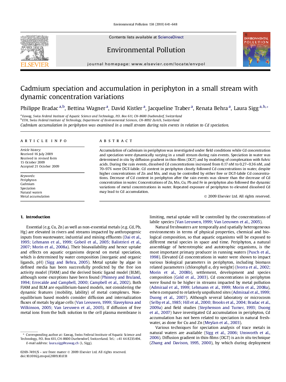 Cadmium speciation and accumulation in periphyton in a small stream with dynamic concentration variations