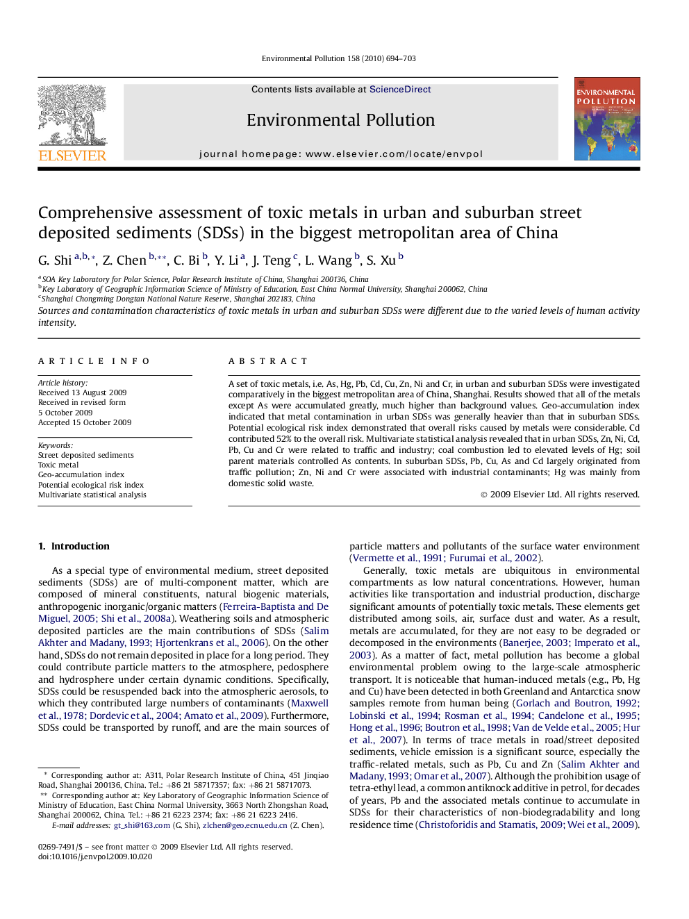 Comprehensive assessment of toxic metals in urban and suburban street deposited sediments (SDSs) in the biggest metropolitan area of China