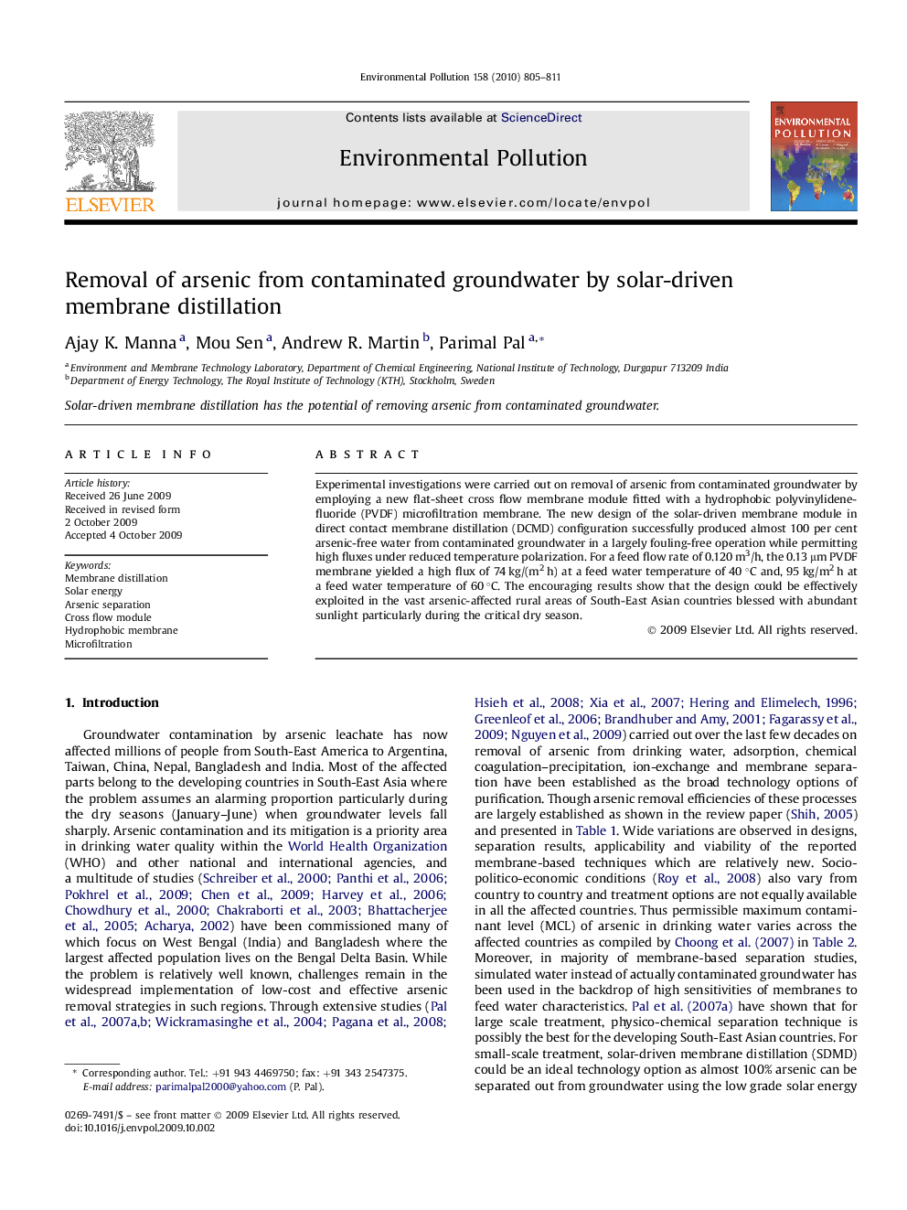 Removal of arsenic from contaminated groundwater by solar-driven membrane distillation