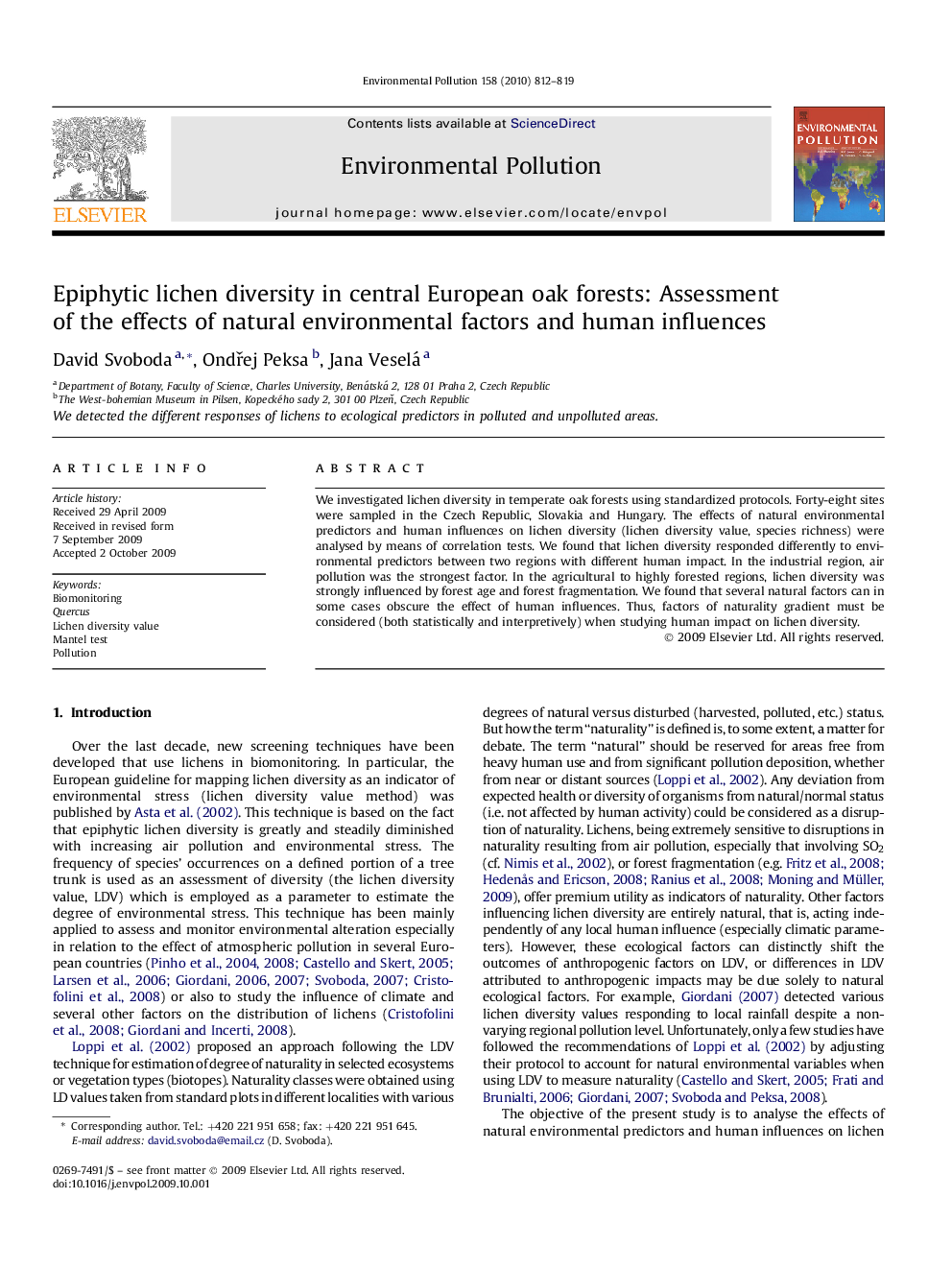 Epiphytic lichen diversity in central European oak forests: Assessment of the effects of natural environmental factors and human influences