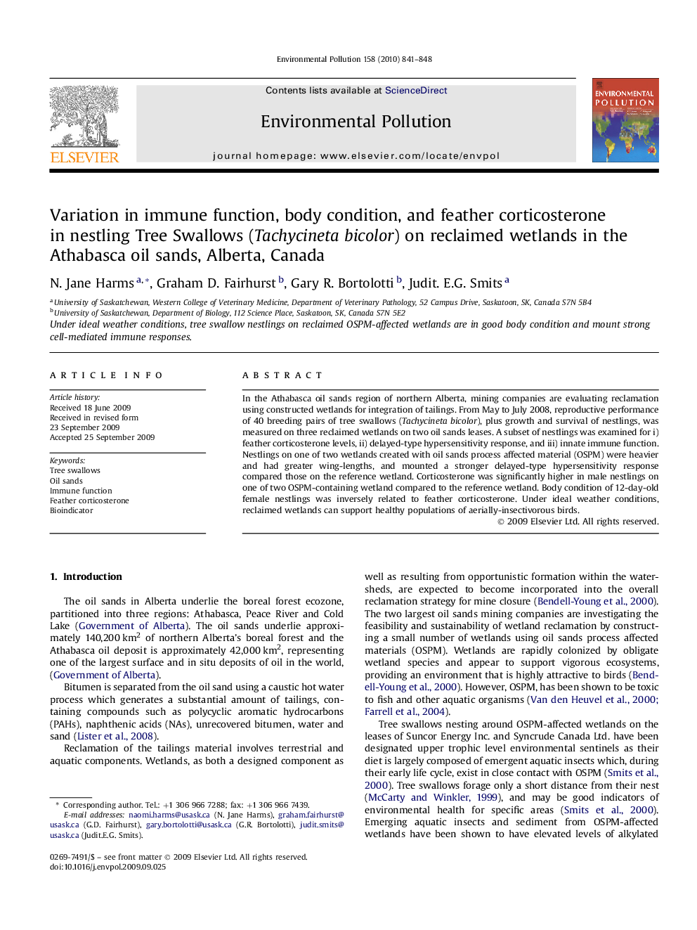 Variation in immune function, body condition, and feather corticosterone in nestling Tree Swallows (Tachycineta bicolor) on reclaimed wetlands in the Athabasca oil sands, Alberta, Canada