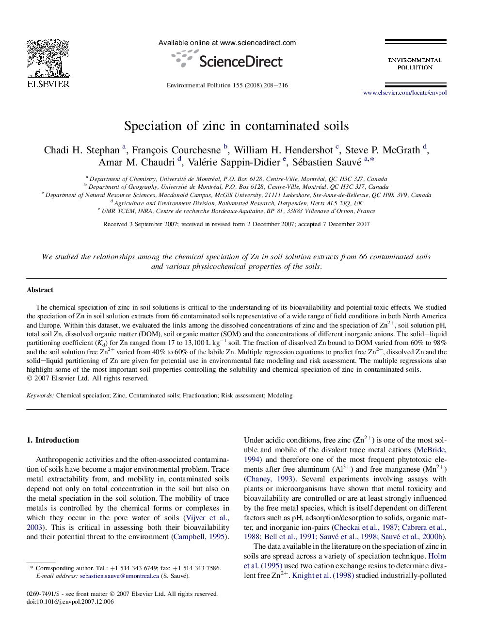 Speciation of zinc in contaminated soils