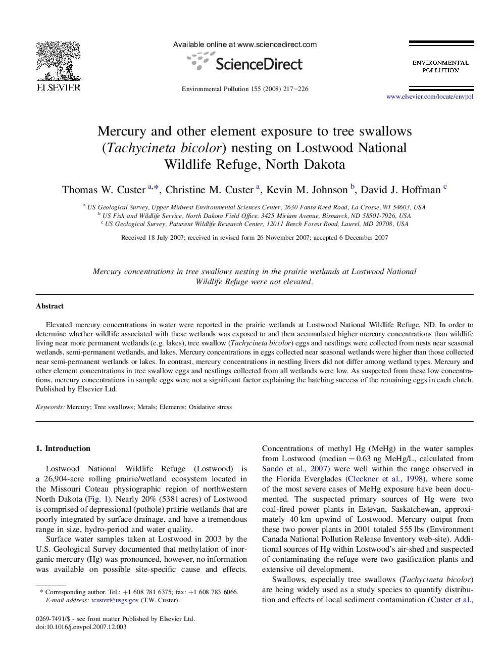 Mercury and other element exposure to tree swallows (Tachycineta bicolor) nesting on Lostwood National Wildlife Refuge, North Dakota