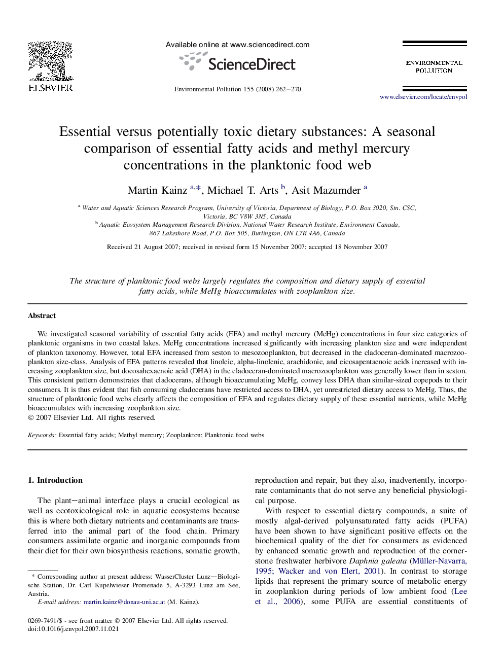 عکس صفحه اول مقاله: Essential versus potentially toxic dietary substances: A seasonal comparison of essential fatty acids and methyl mercury concentrations in the planktonic food web Essential versus potentially toxic dietary substances: A seasonal comparison of essential fatty acids and methyl mercury concentrations in the planktonic food web