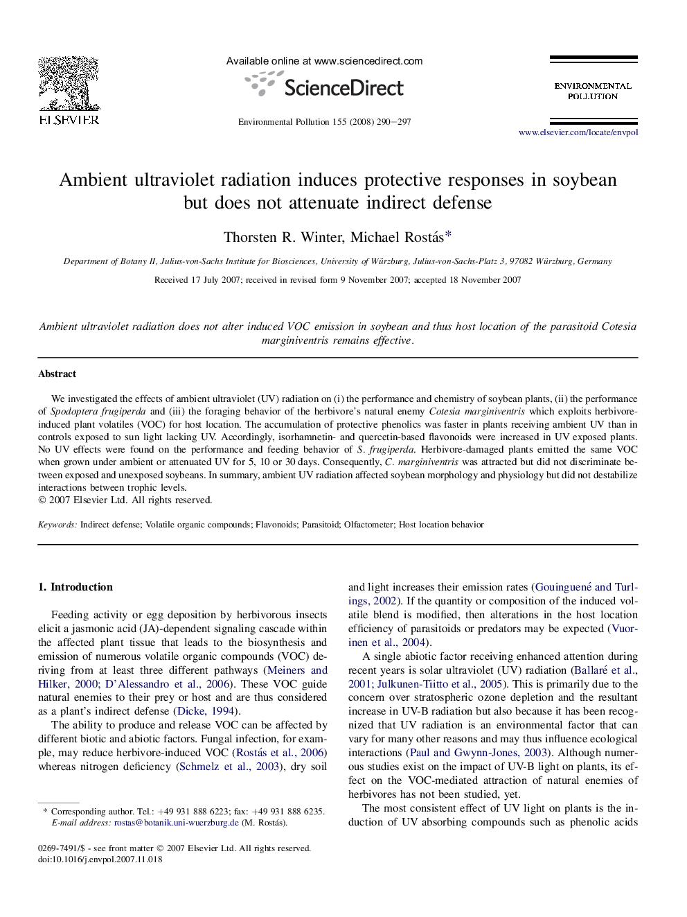 Ambient ultraviolet radiation induces protective responses in soybean but does not attenuate indirect defense