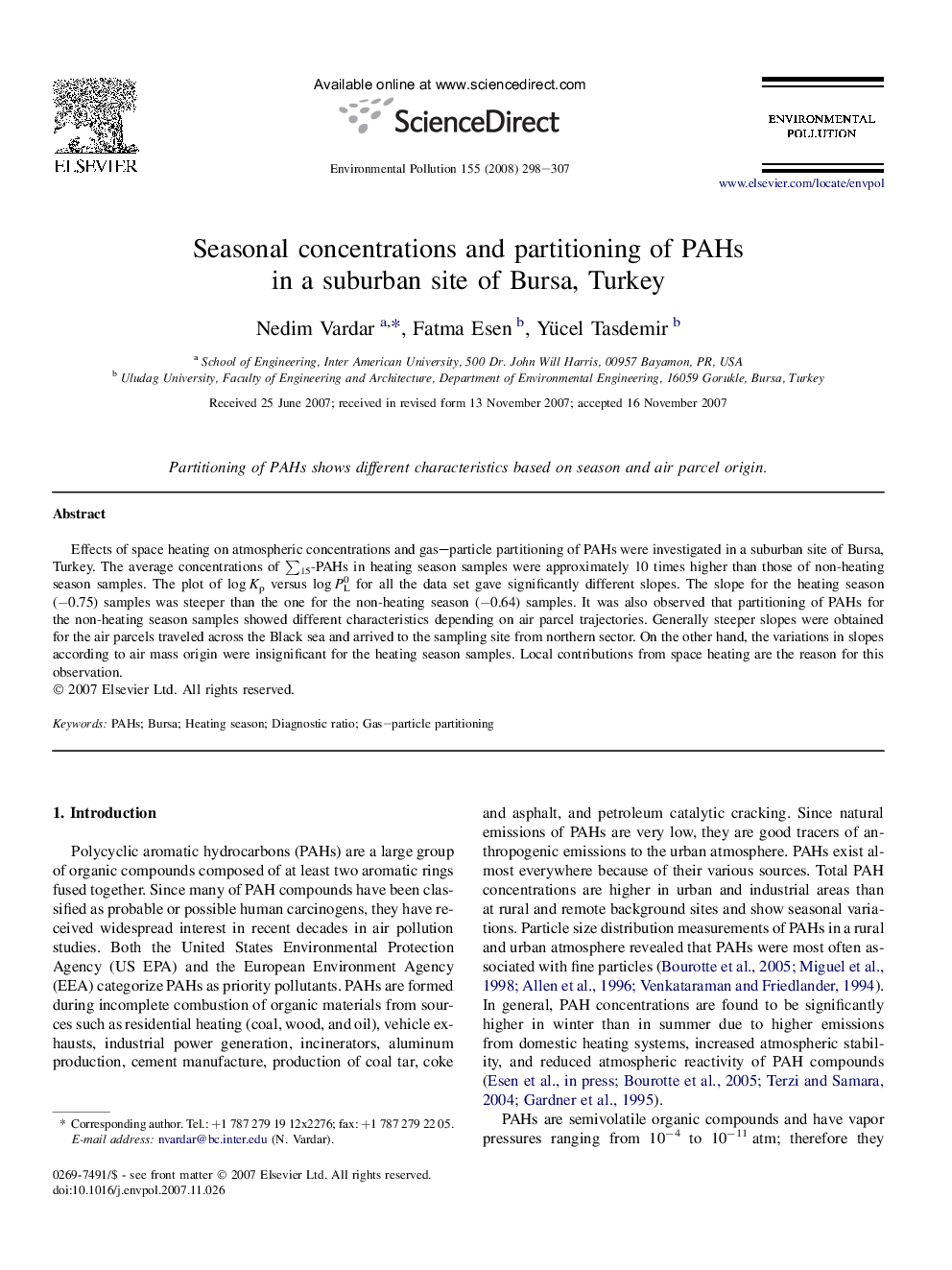 Seasonal concentrations and partitioning of PAHs in a suburban site of Bursa, Turkey