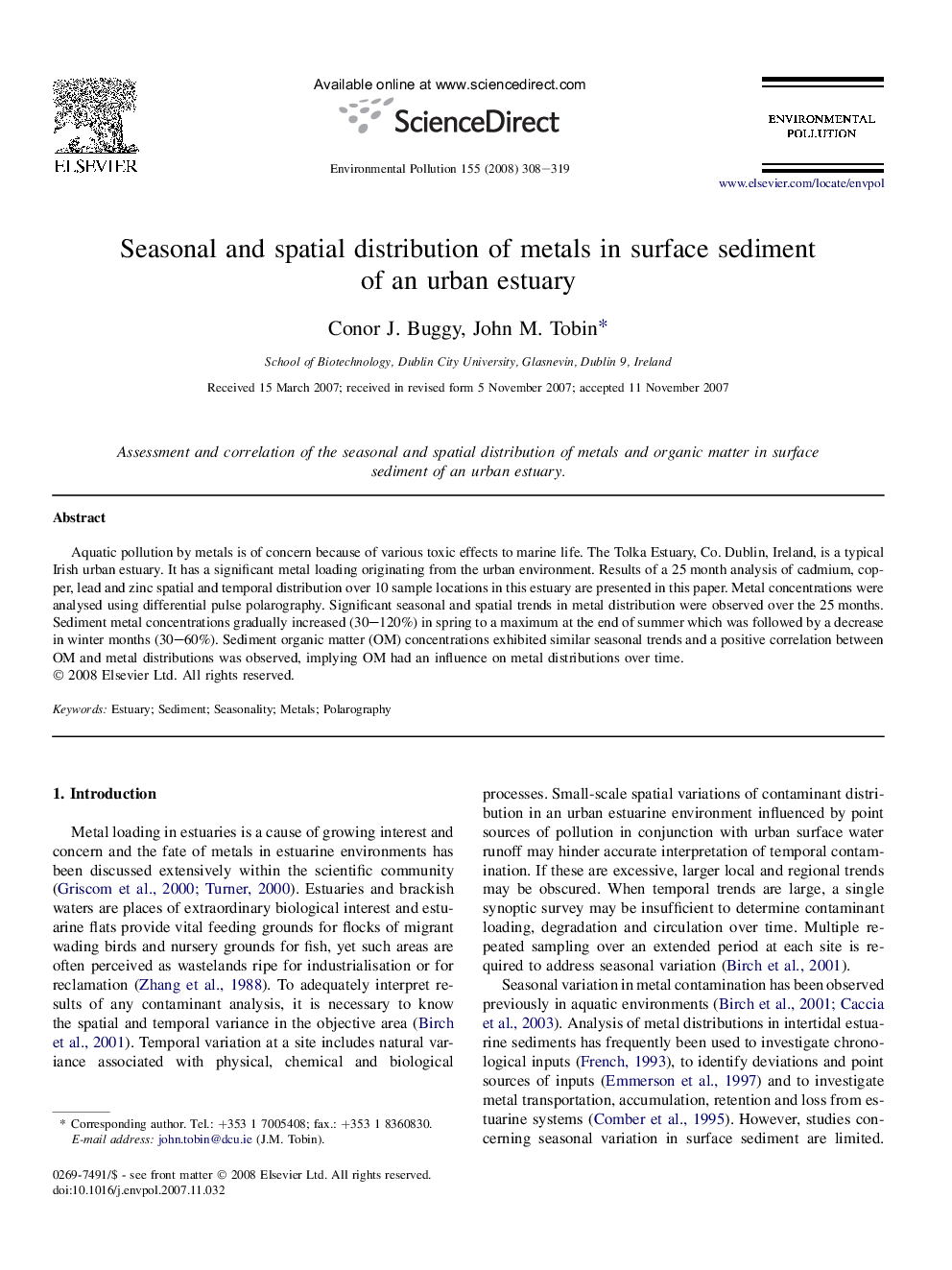 Seasonal and spatial distribution of metals in surface sediment of an urban estuary