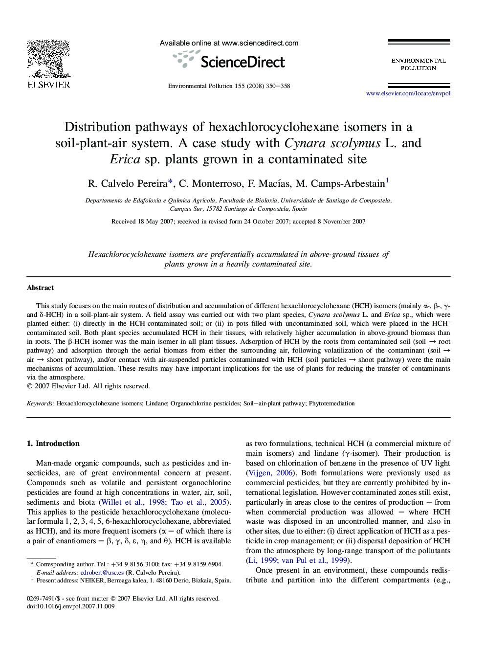 Distribution pathways of hexachlorocyclohexane isomers in a soil-plant-air system. A case study with Cynara scolymus L. and Erica sp. plants grown in a contaminated site