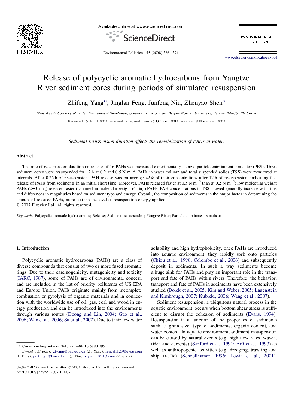 Release of polycyclic aromatic hydrocarbons from Yangtze River sediment cores during periods of simulated resuspension