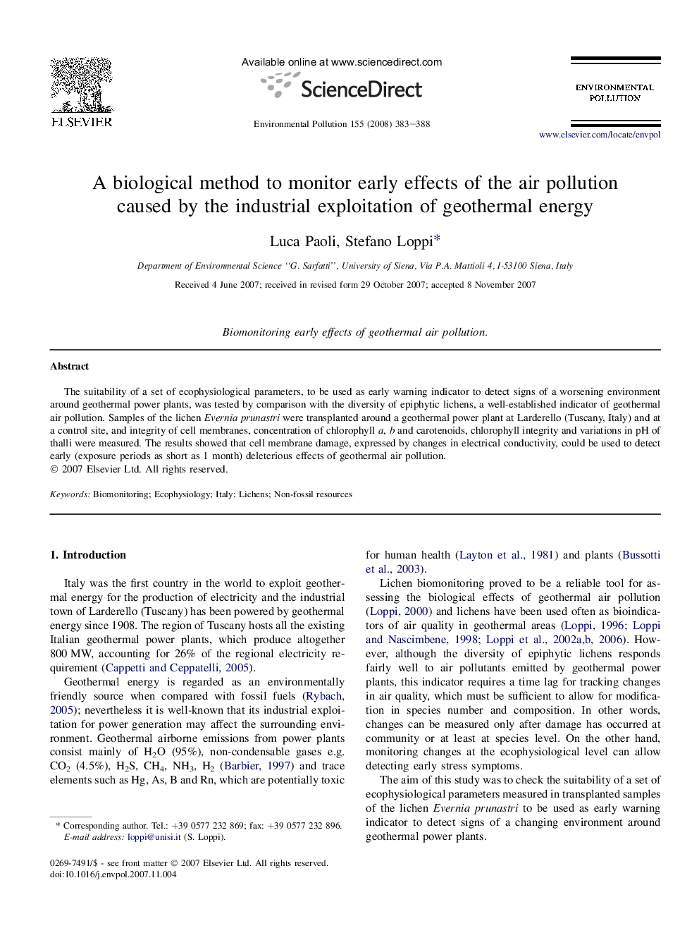 A biological method to monitor early effects of the air pollution caused by the industrial exploitation of geothermal energy