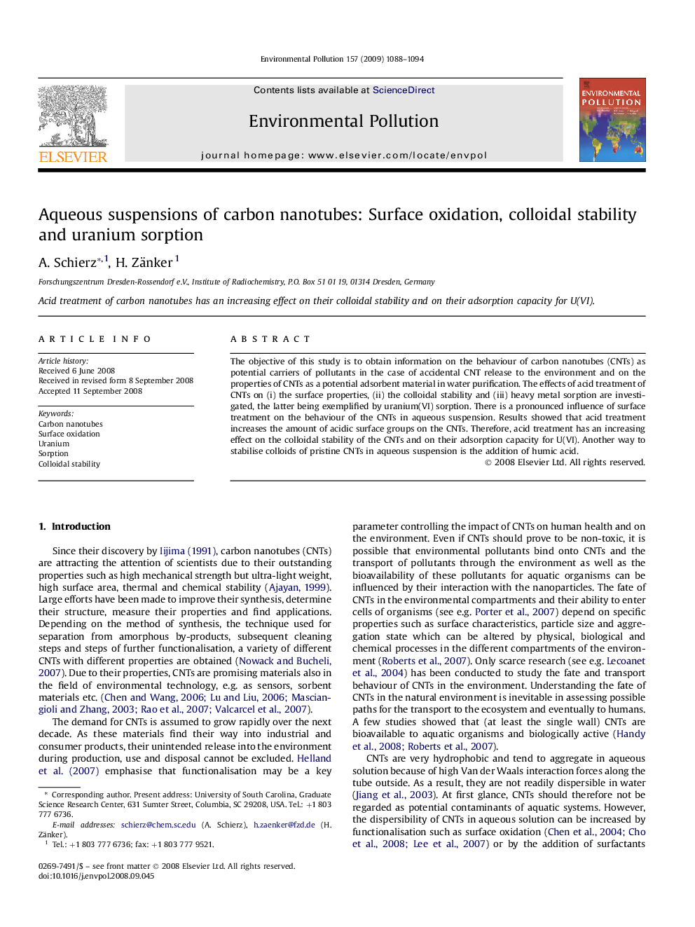 Aqueous suspensions of carbon nanotubes: Surface oxidation, colloidal stability and uranium sorption