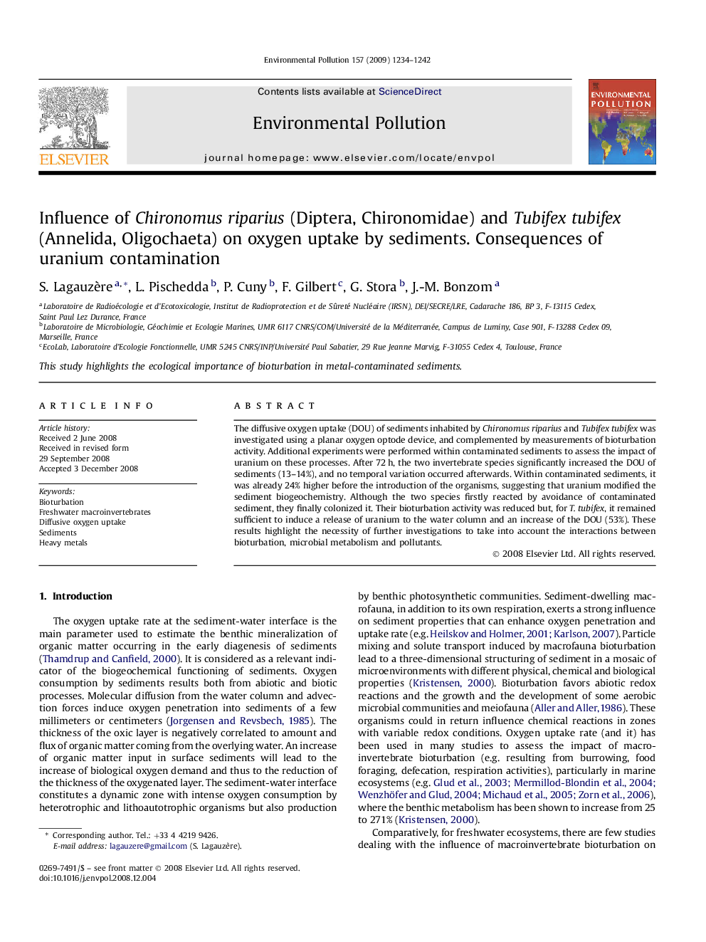 عکس صفحه اول مقاله: Influence of Chironomus riparius (Diptera, Chironomidae) and Tubifex tubifex (Annelida, Oligochaeta) on oxygen uptake by sediments. Consequences of uranium contamination Influence of Chironomus riparius (Diptera, Chironomidae) and Tubifex tubifex (Annelida, Oligochaeta) on oxygen uptake by sediments. Consequences of uranium contamination