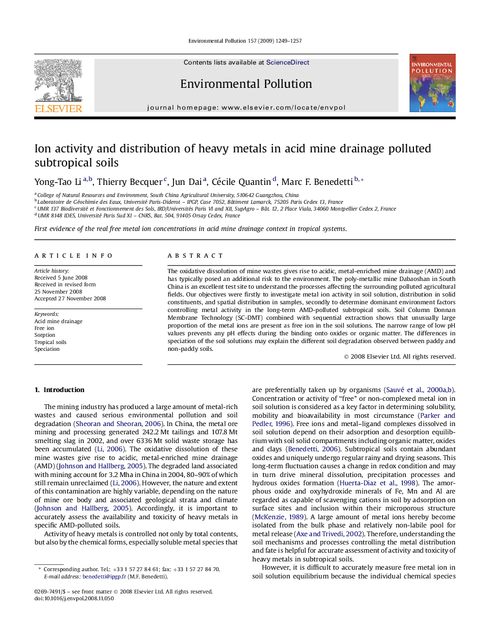 Ion activity and distribution of heavy metals in acid mine drainage polluted subtropical soils