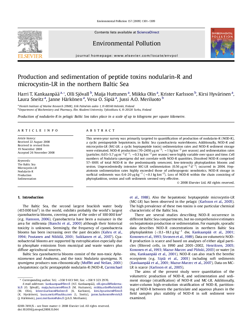 Production and sedimentation of peptide toxins nodularin-R and microcystin-LR in the northern Baltic Sea