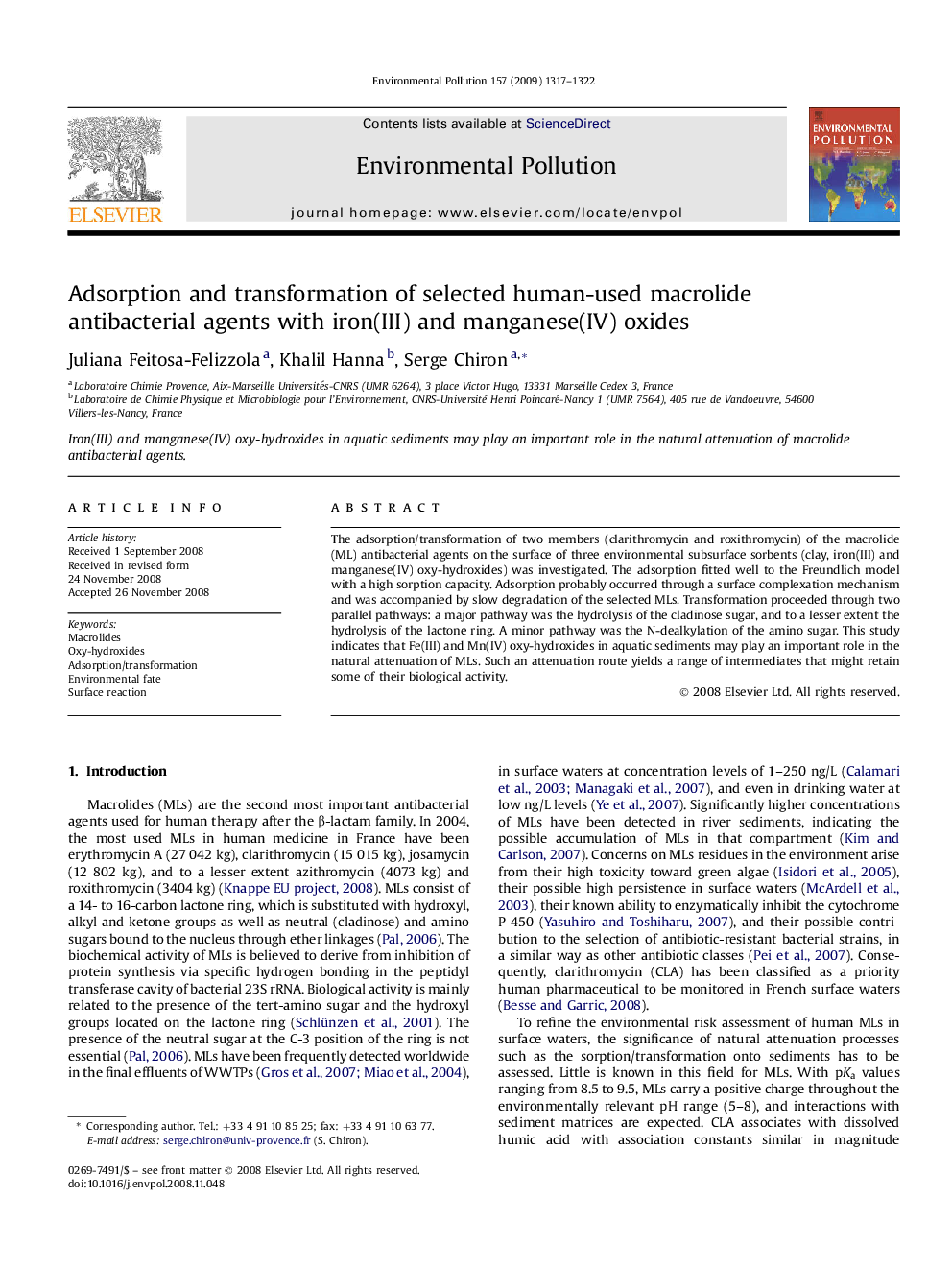 Adsorption and transformation of selected human-used macrolide antibacterial agents with iron(III) and manganese(IV) oxides