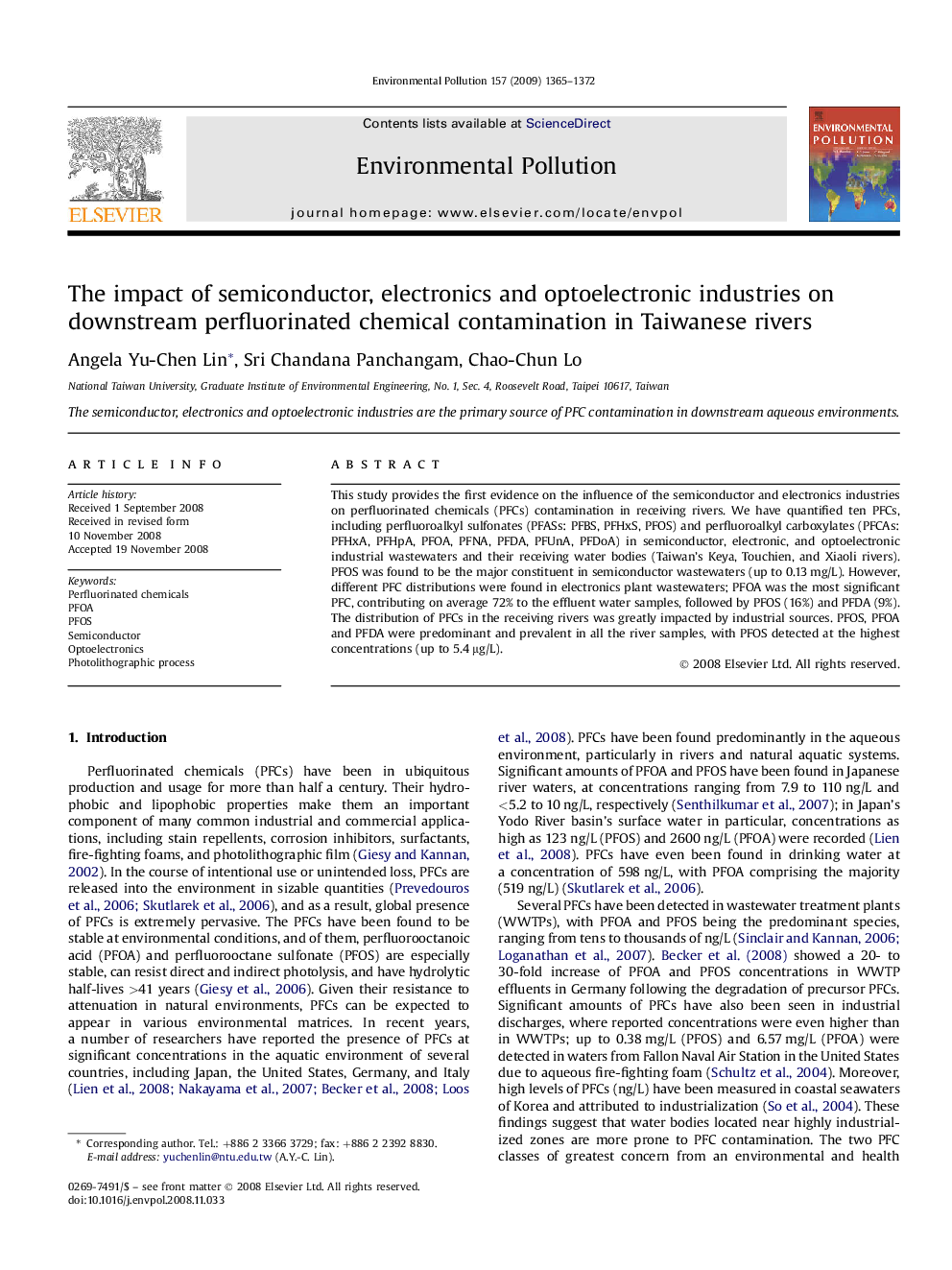 عکس صفحه اول مقاله: The impact of semiconductor, electronics and optoelectronic industries on downstream perfluorinated chemical contamination in Taiwanese rivers The impact of semiconductor, electronics and optoelectronic industries on downstream perfluorinated chemical contamination in Taiwanese rivers