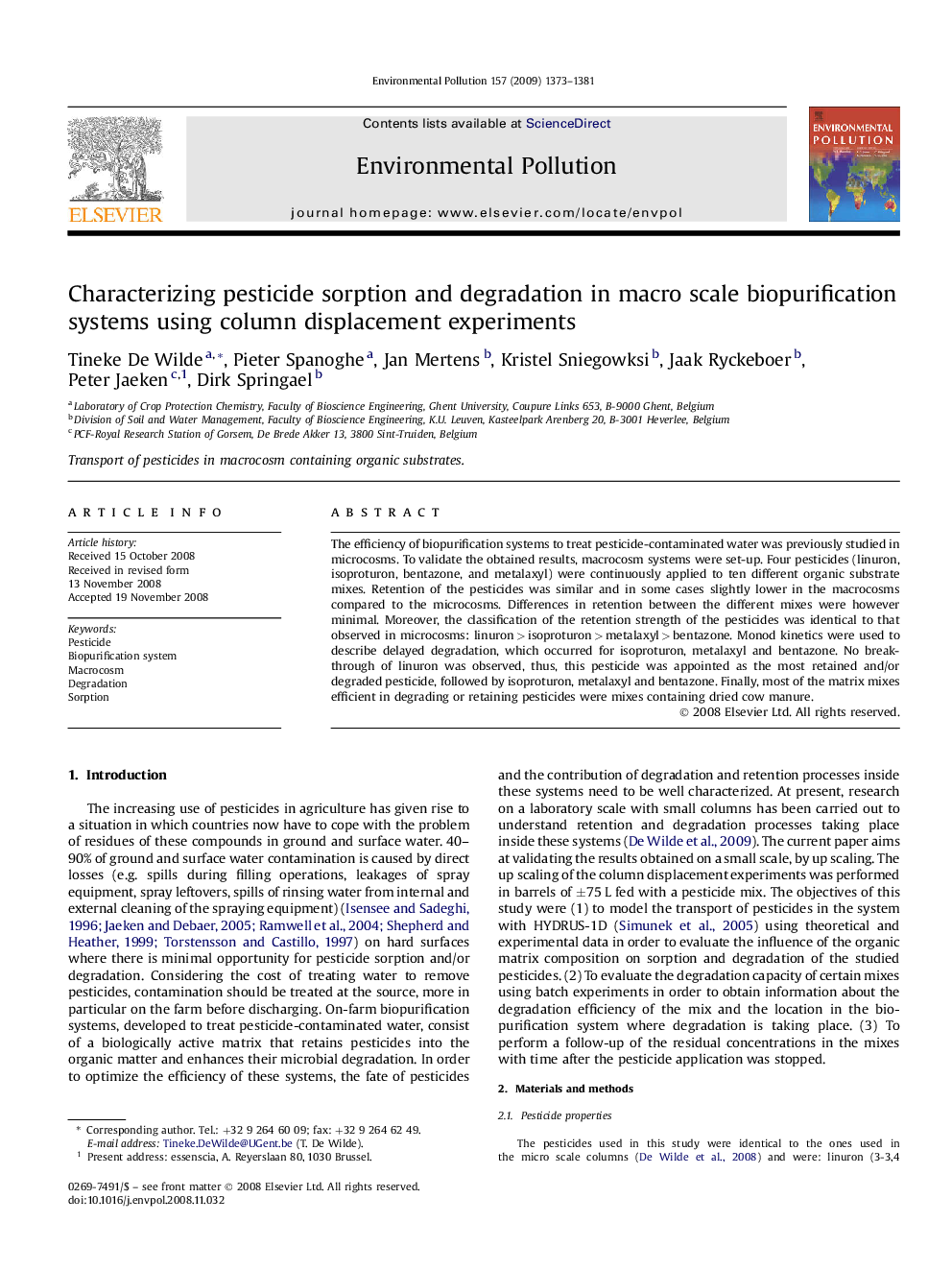 Characterizing pesticide sorption and degradation in macro scale biopurification systems using column displacement experiments