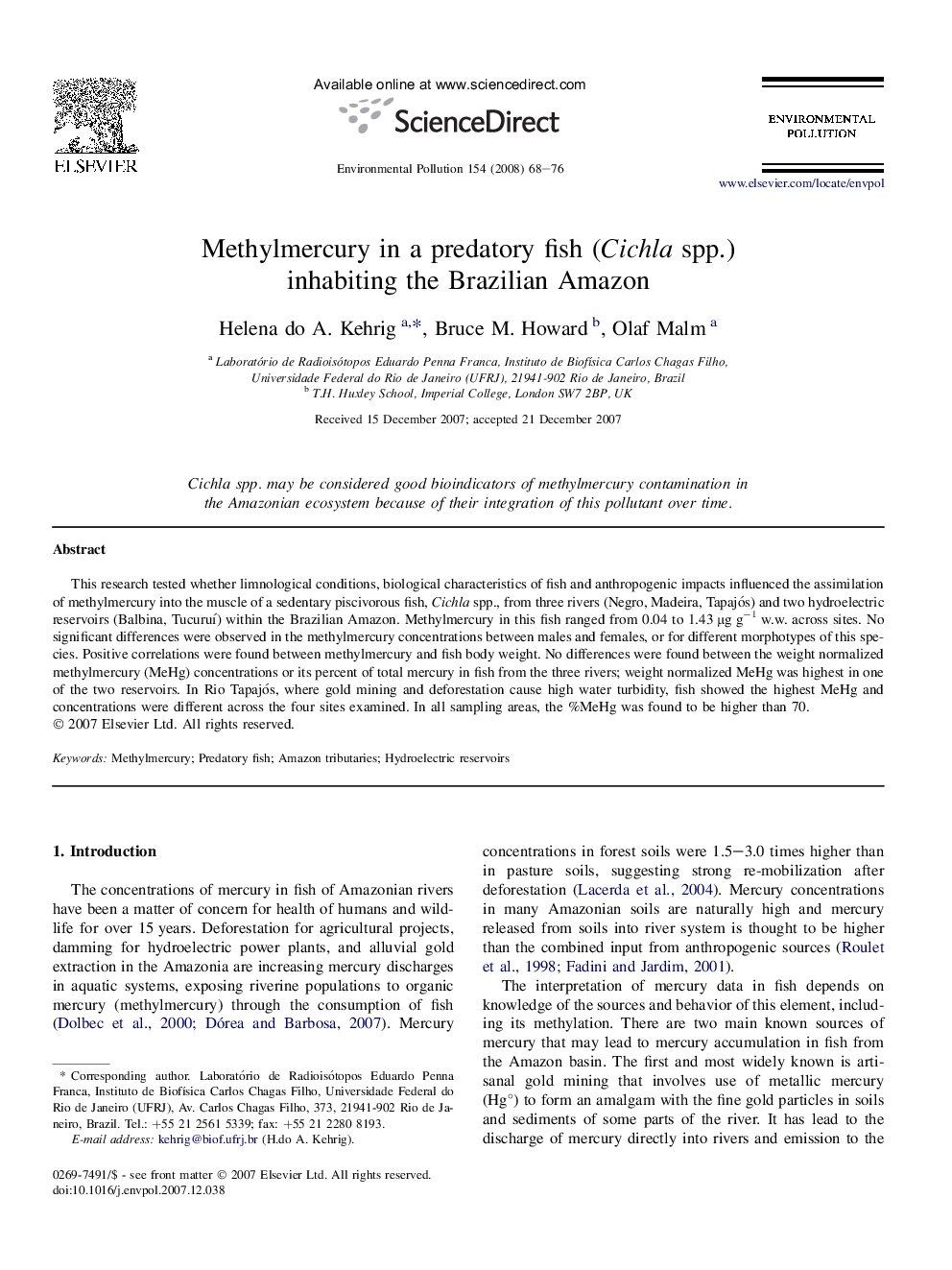 Methylmercury in a predatory fish (Cichla spp.) inhabiting the Brazilian Amazon