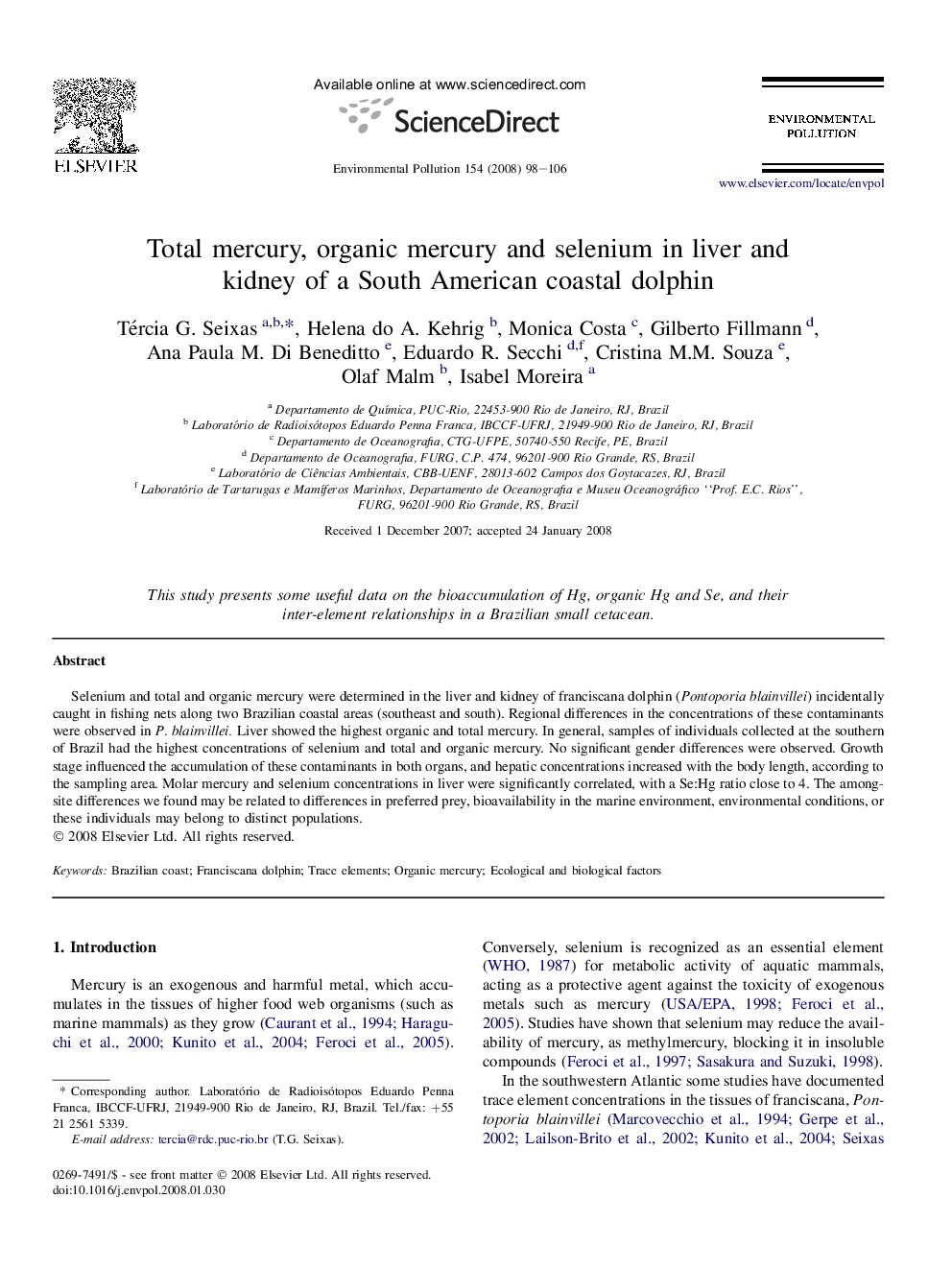 Total mercury, organic mercury and selenium in liver and kidney of a South American coastal dolphin