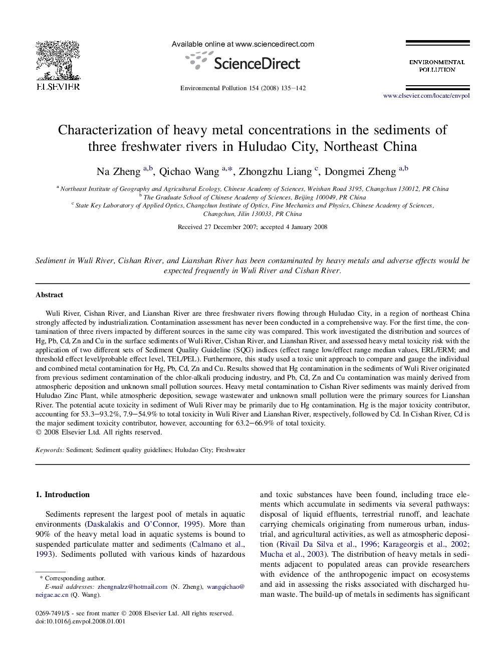 Characterization of heavy metal concentrations in the sediments of three freshwater rivers in Huludao City, Northeast China