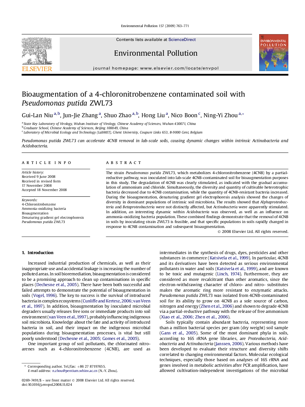 Bioaugmentation of a 4-chloronitrobenzene contaminated soil with Pseudomonas putida ZWL73