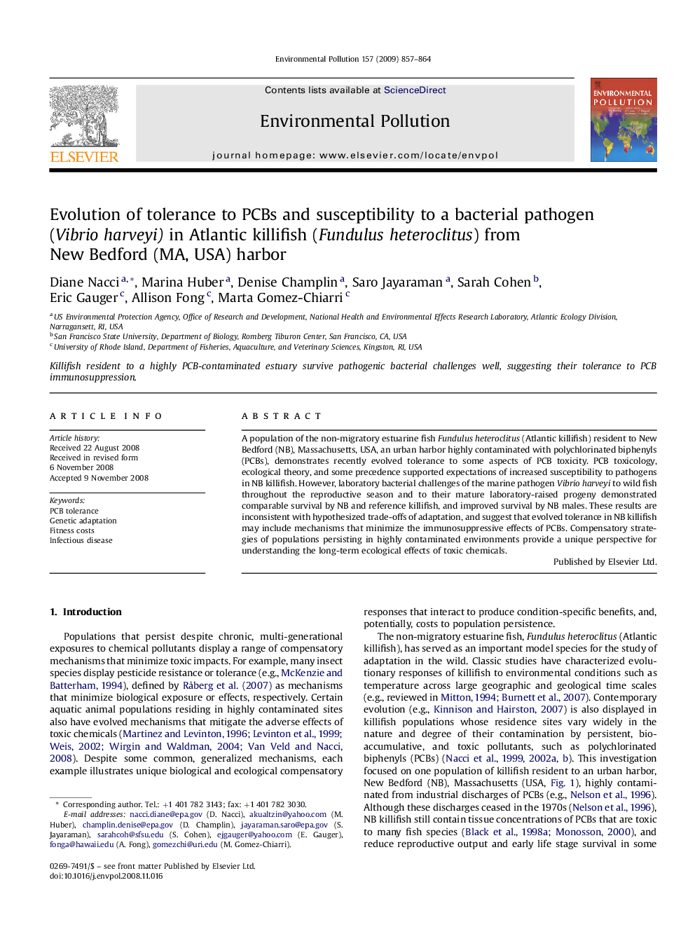 Evolution of tolerance to PCBs and susceptibility to a bacterial pathogen (Vibrio harveyi) in Atlantic killifish (Fundulus heteroclitus) from New Bedford (MA, USA) harbor