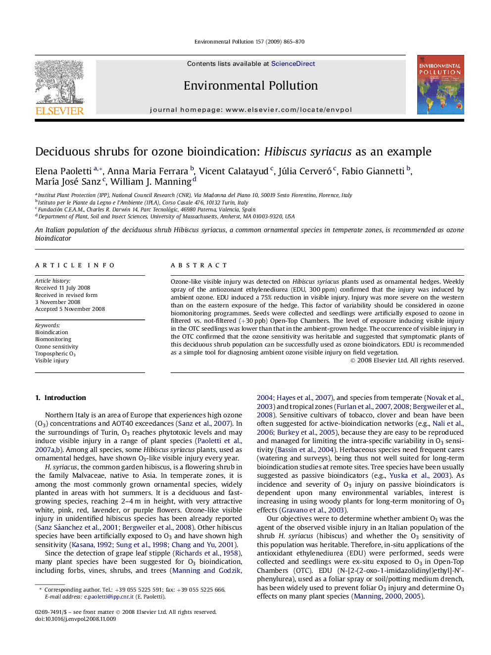 Deciduous shrubs for ozone bioindication: Hibiscus syriacus as an example