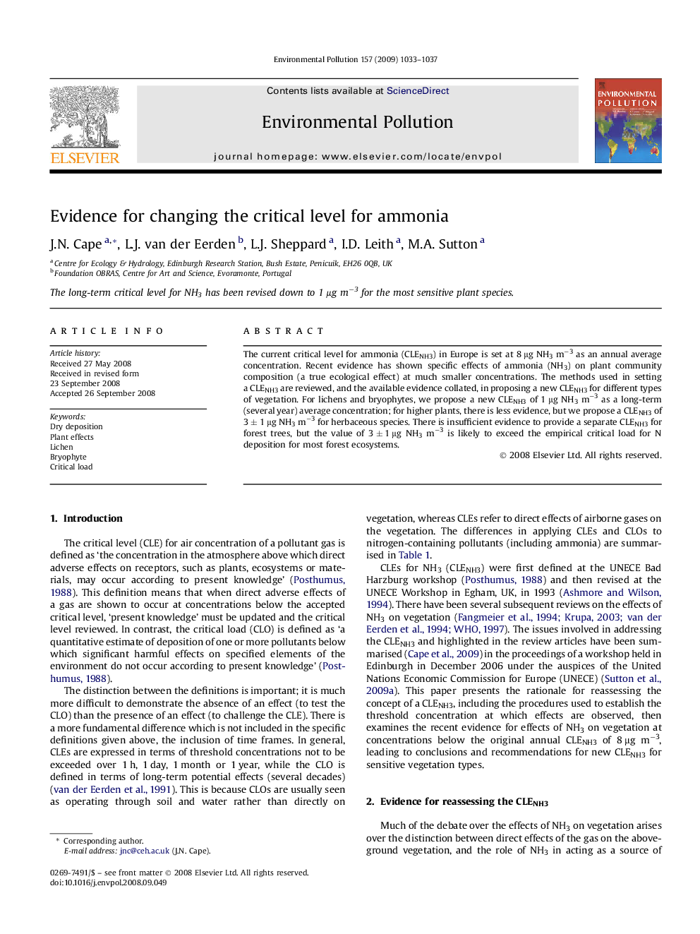 Evidence for changing the critical level for ammonia