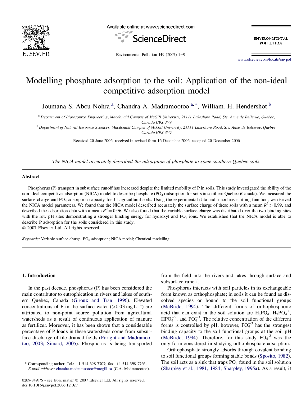 Modelling phosphate adsorption to the soil: Application of the non-ideal competitive adsorption model